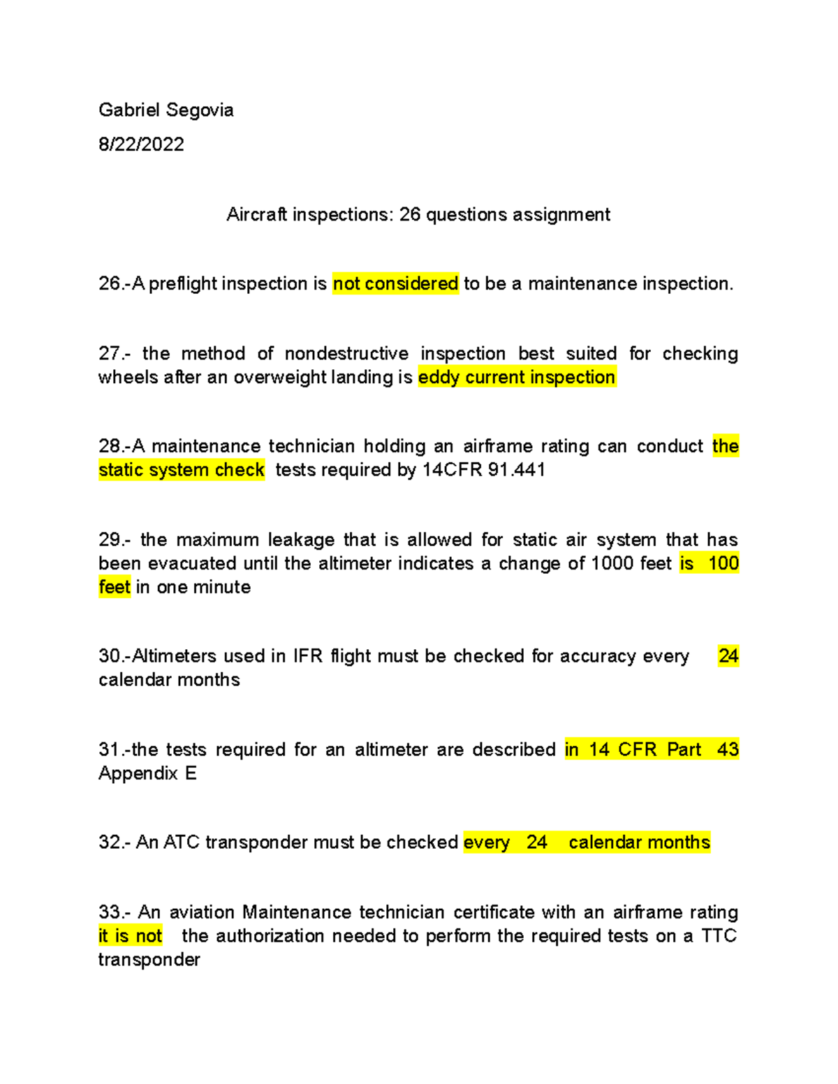 airframe questions Gabriel Segovia8/22/ Aircraft inspections 26