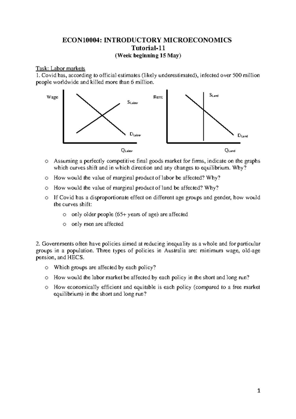 Week 11 In-Tutorial Questions - 1 ECON10004: INTRODUCTORY ...