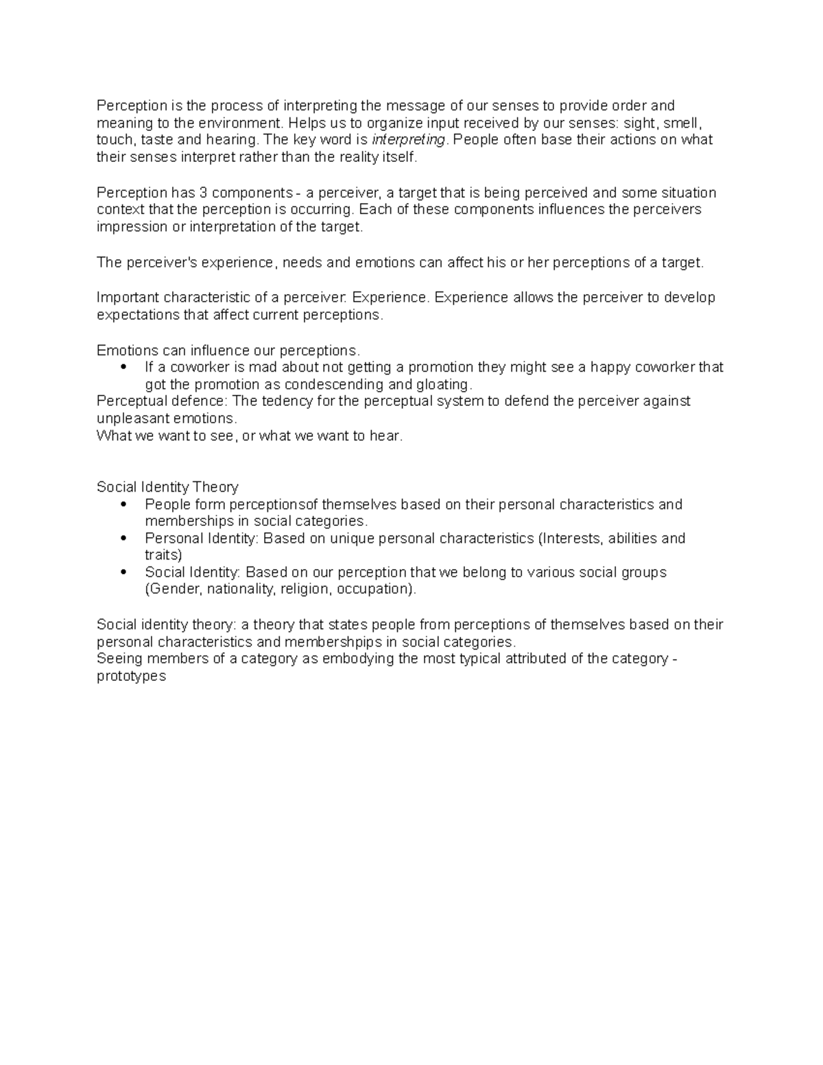 222 notes - Perception is the process of interpreting the message of ...