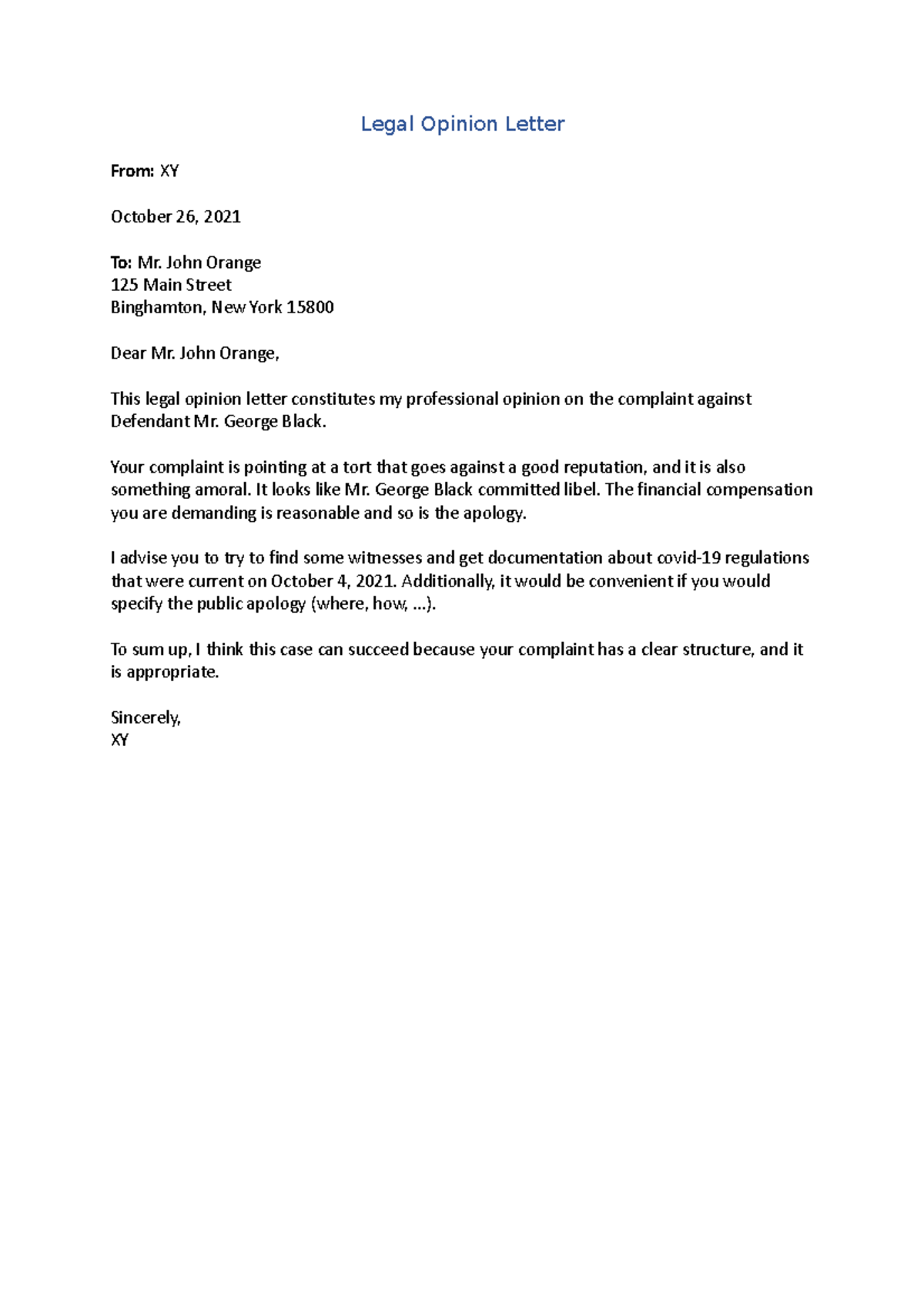 Legal Opinion Letter - Legal Opinion Letter From: XY October 26, 2021 ...