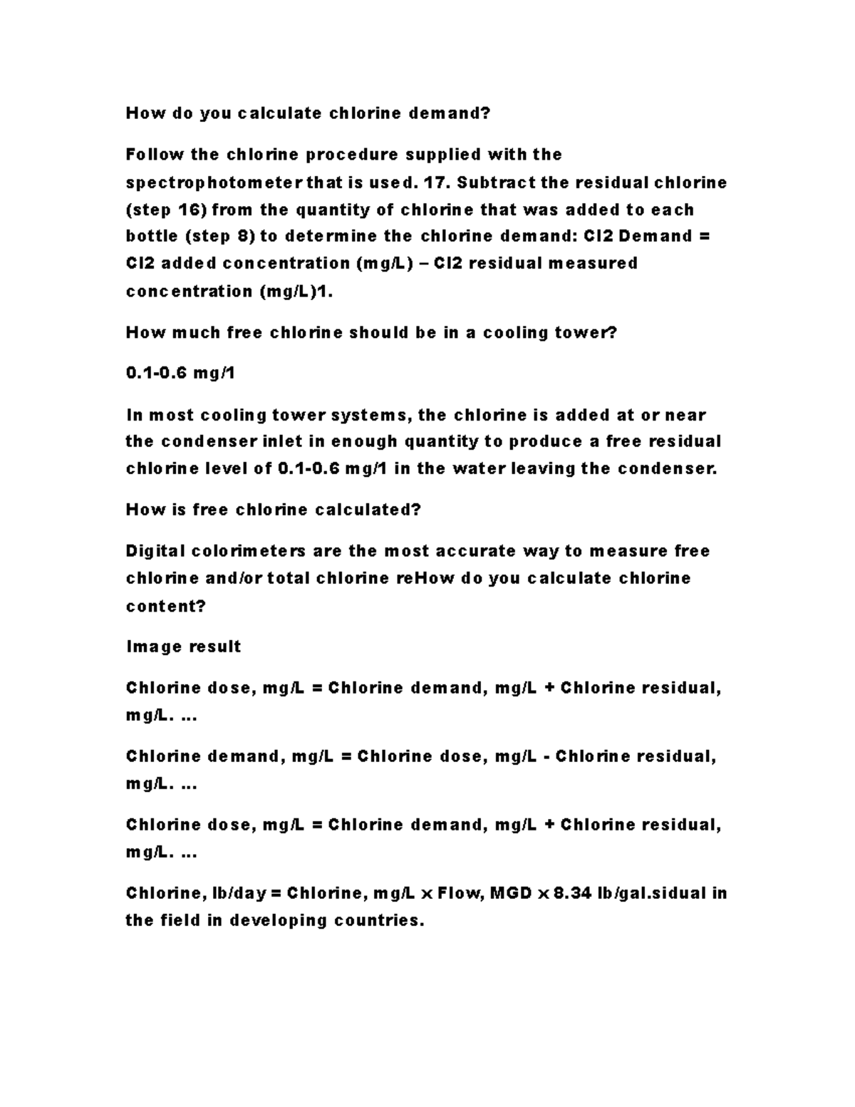 Chlorine How do you calculate chlorine demand? Follow the chlorine