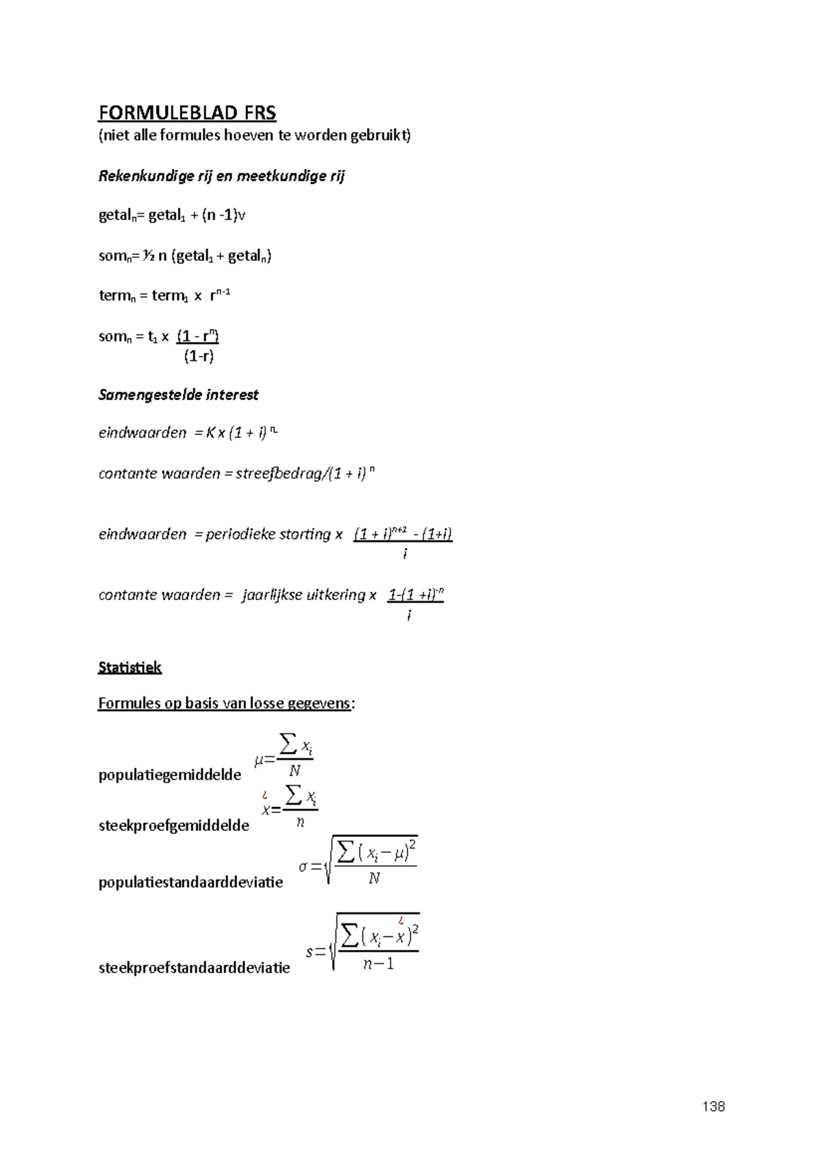 Formuleblad - FORMULEBLAD FRS (niet Alle Formules Hoeven Te Worden ...