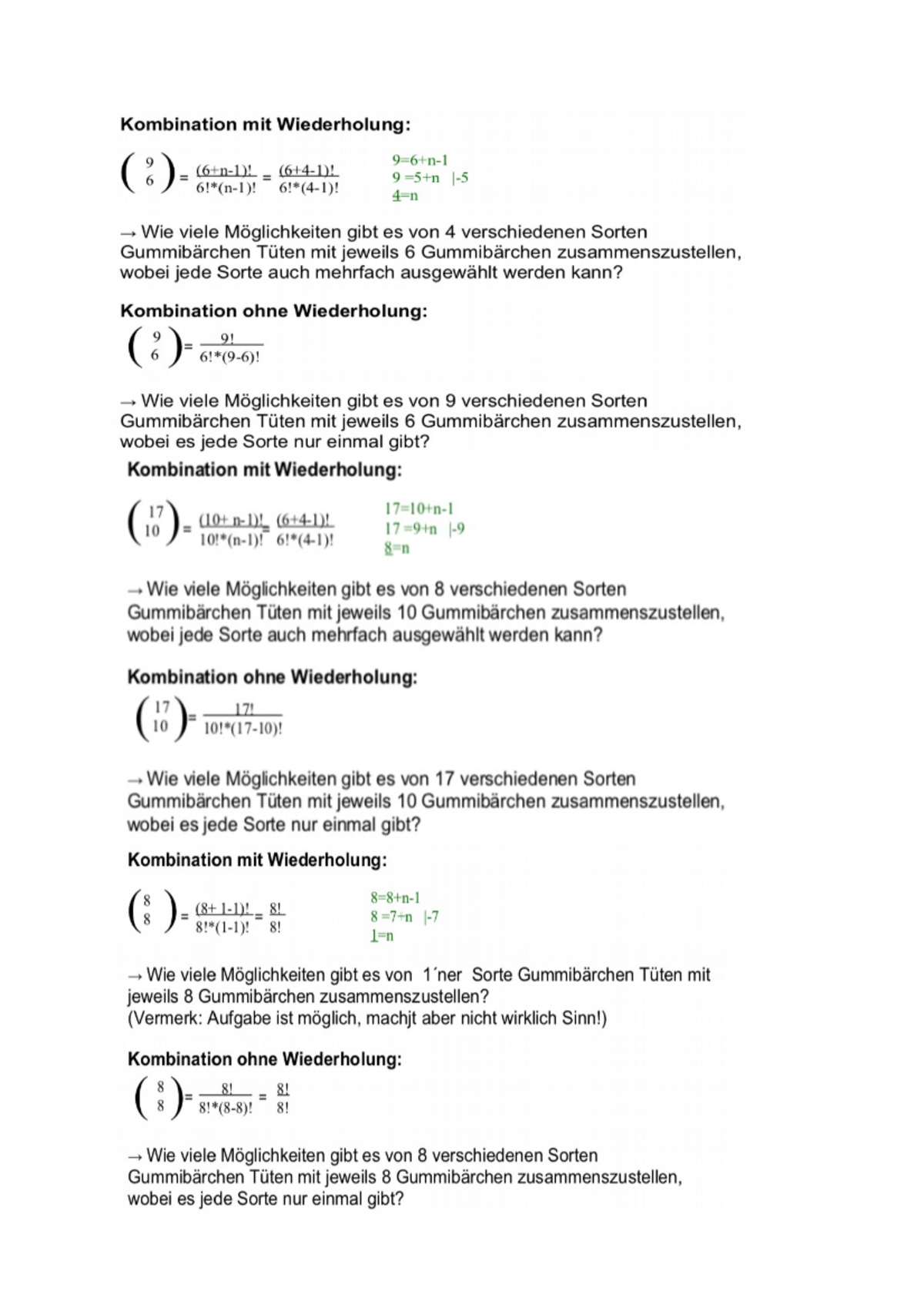 Beispielaufgaben mit Rechnung aus der Kombinatorik - Übung Elementare ...