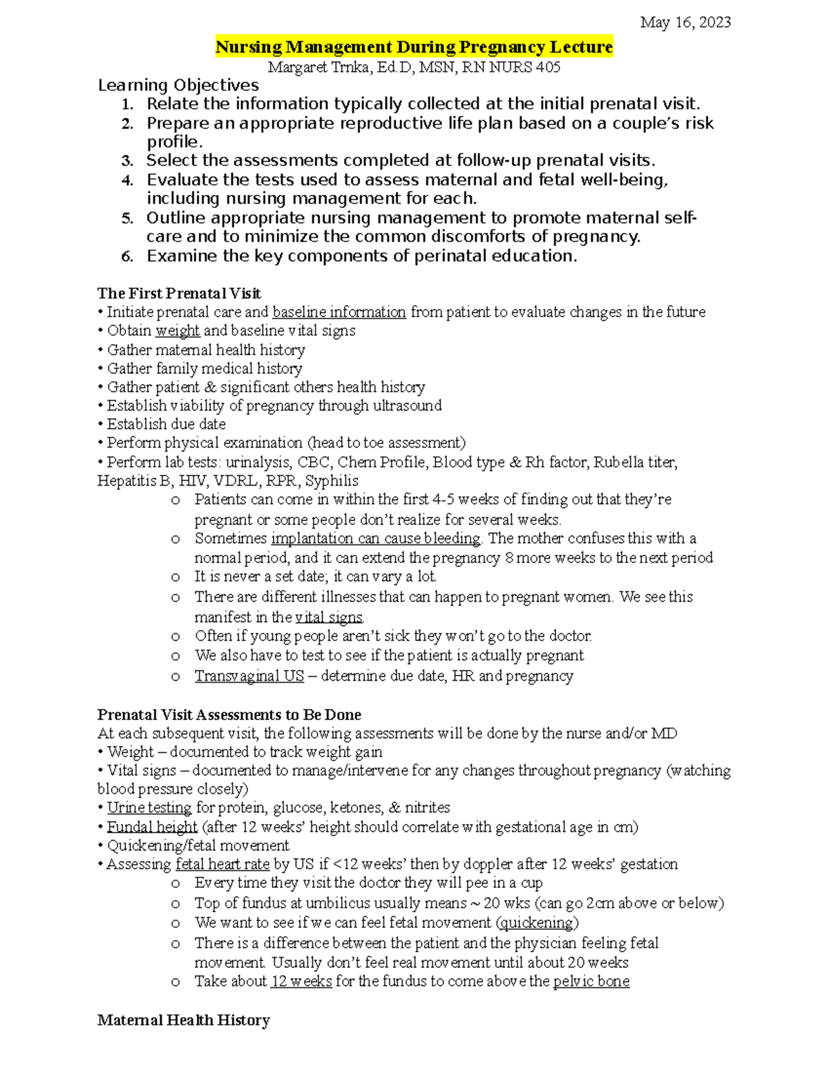 Nursing Management During Pregnancy Lecture Studocu