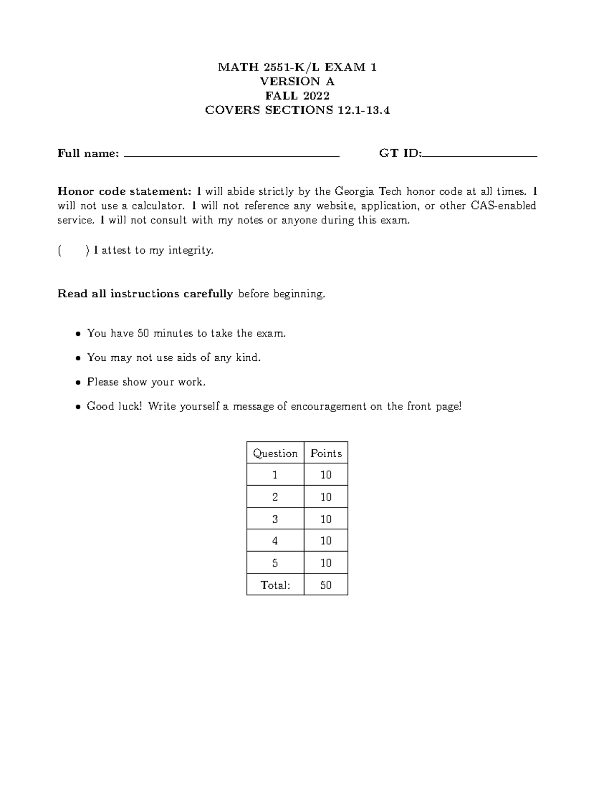 Exam 1A - prep - MATH 2551-K/L EXAM 1 VERSION A FALL 2022 COVERS ...