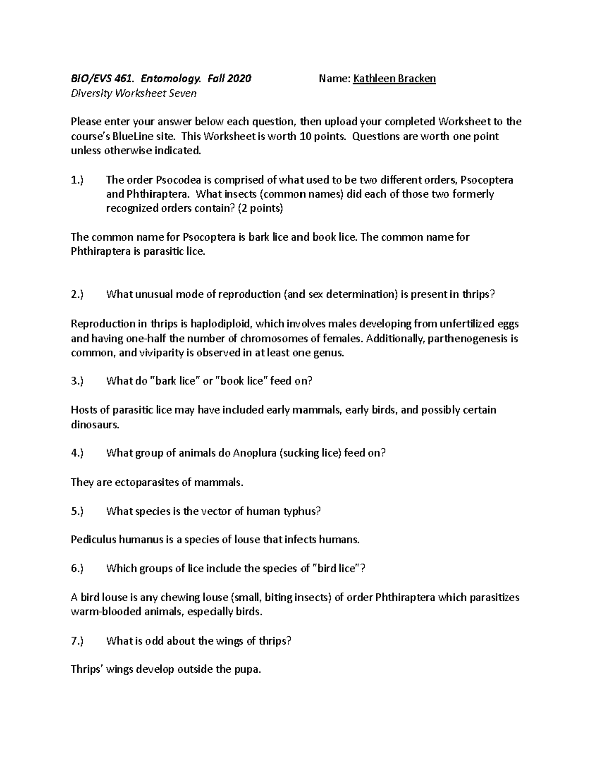 Diversity Worksheet 7 - BIO/EVS 461. Entomology. Fall 2020 Diversity ...