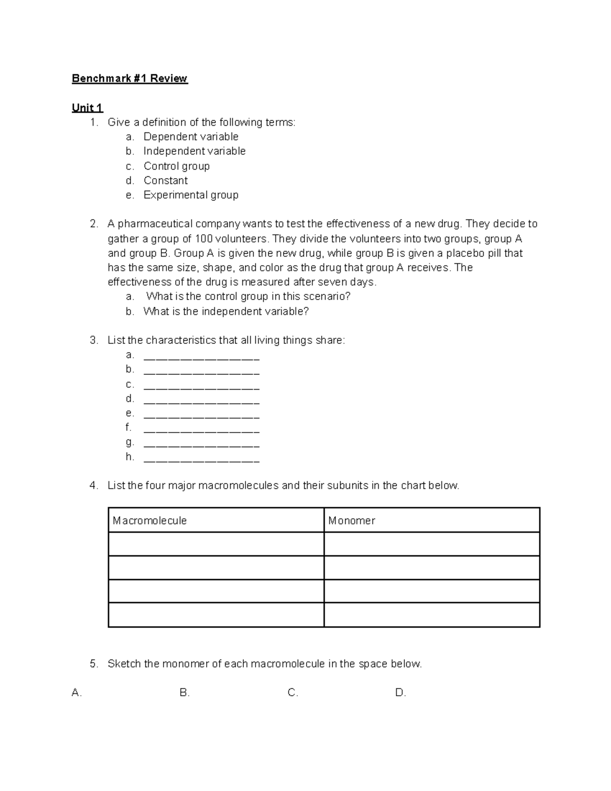 Semester Exam #1 Review - Benchmark #1 Review Unit 1 1. Give a ...