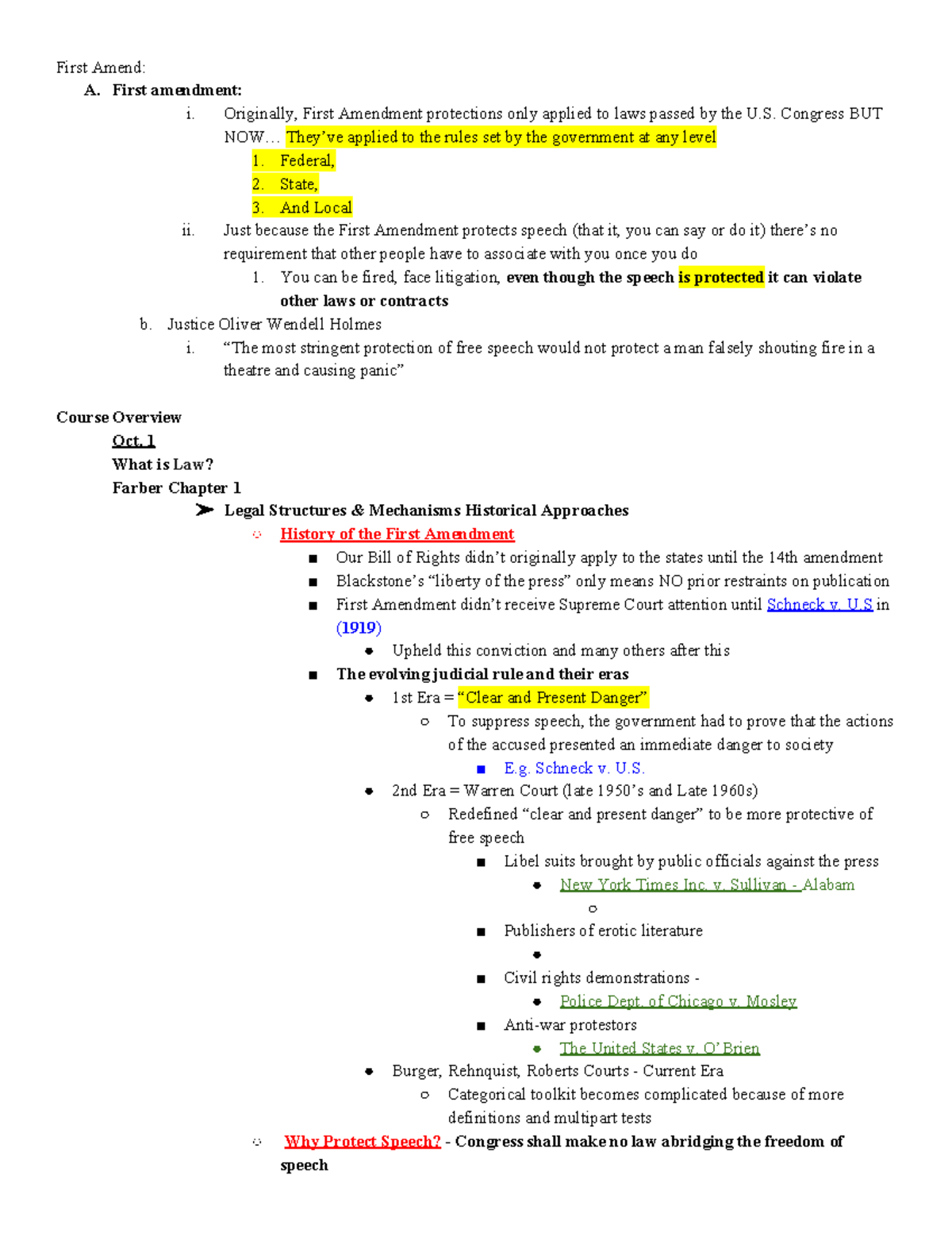LGST 111C Midterm - First Amend: A. First amendment: i. Originally ...