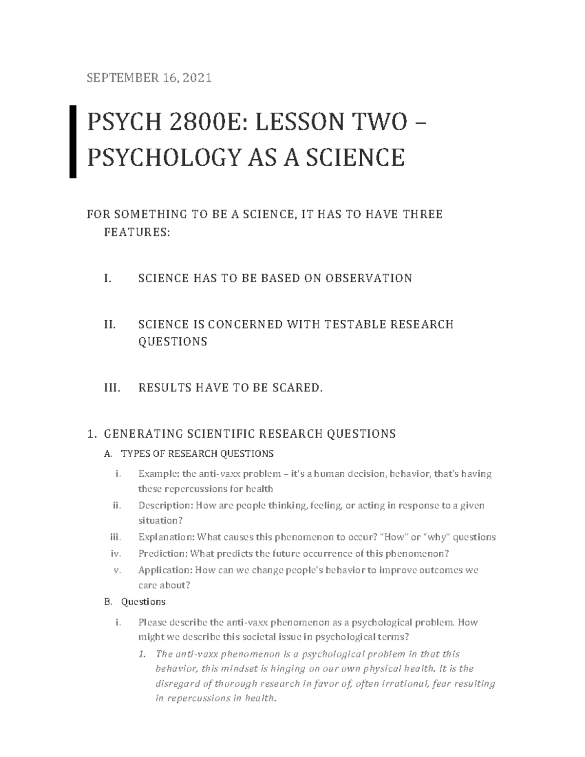 Psych 2800E Lecture Notes SEPTEMBER 16, PSYCH 2800E LESSON TWO
