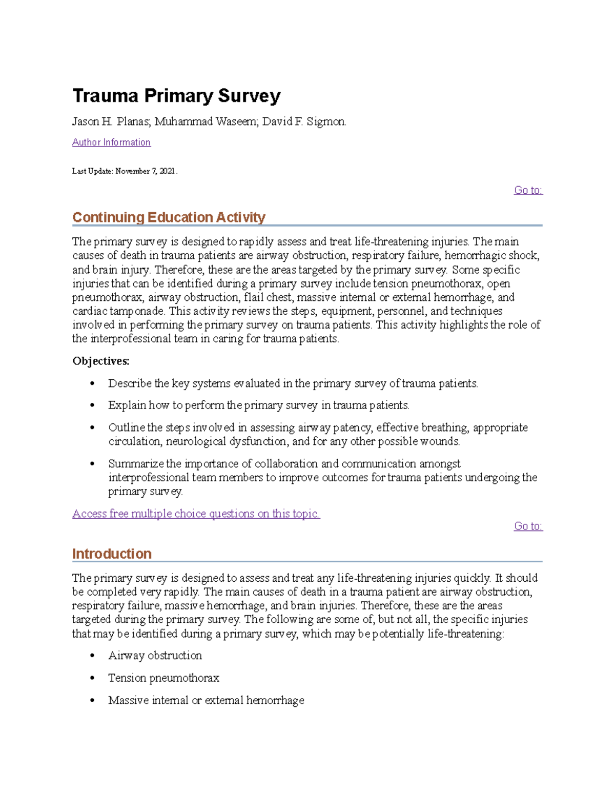 Trauma Primary Survey - notes - Trauma Primary Survey Jason H. Planas ...