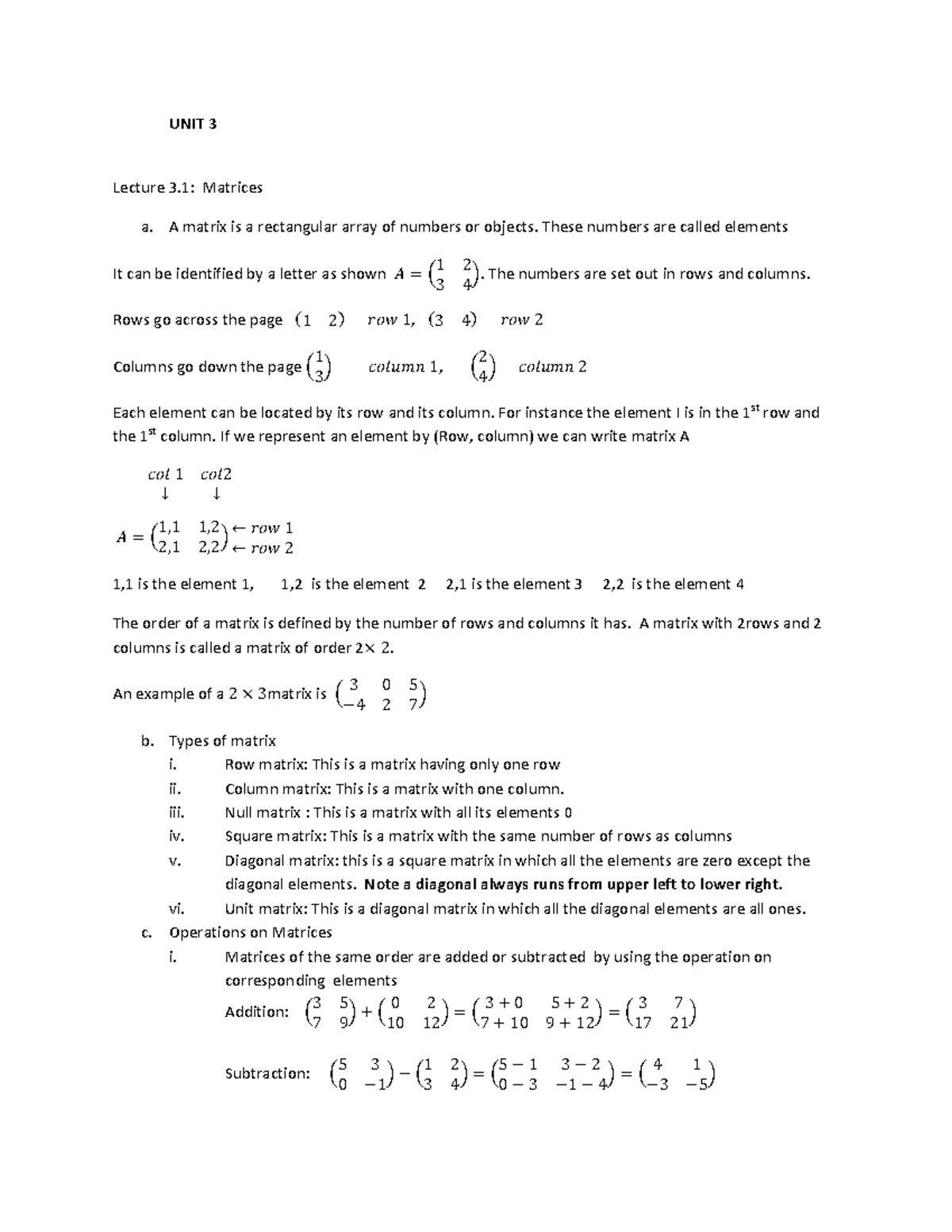 UNIT Three 2020 - to help others with work - UNIT 3 Lecture 3: Matrices ...