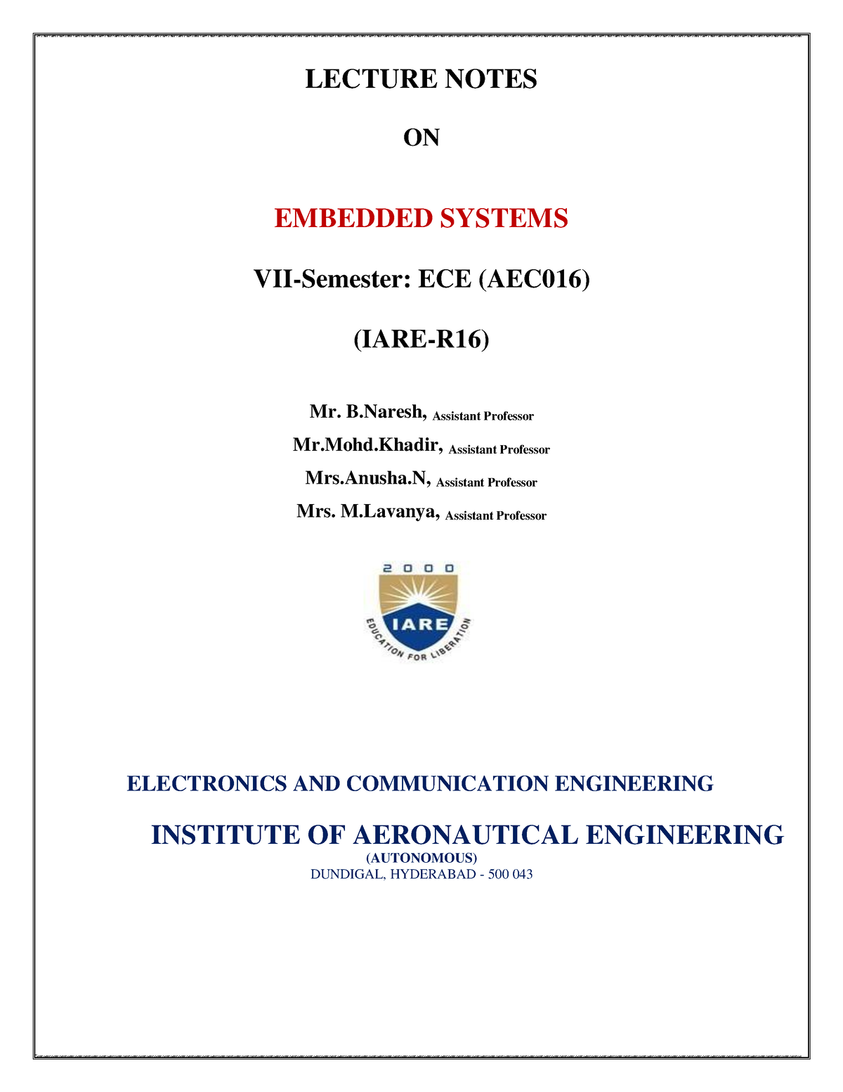 IARE ESD Notes - LECTURE NOTES ON EMBEDDED SYSTEMS VII-Semester: ECE ...