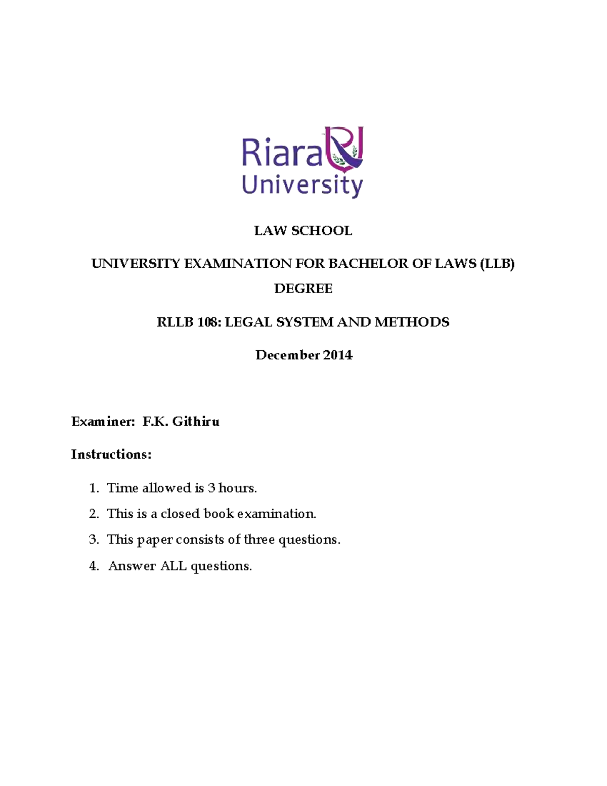Legal Systems and Methods - LAW SCHOOL UNIVERSITY EXAMINATION FOR ...