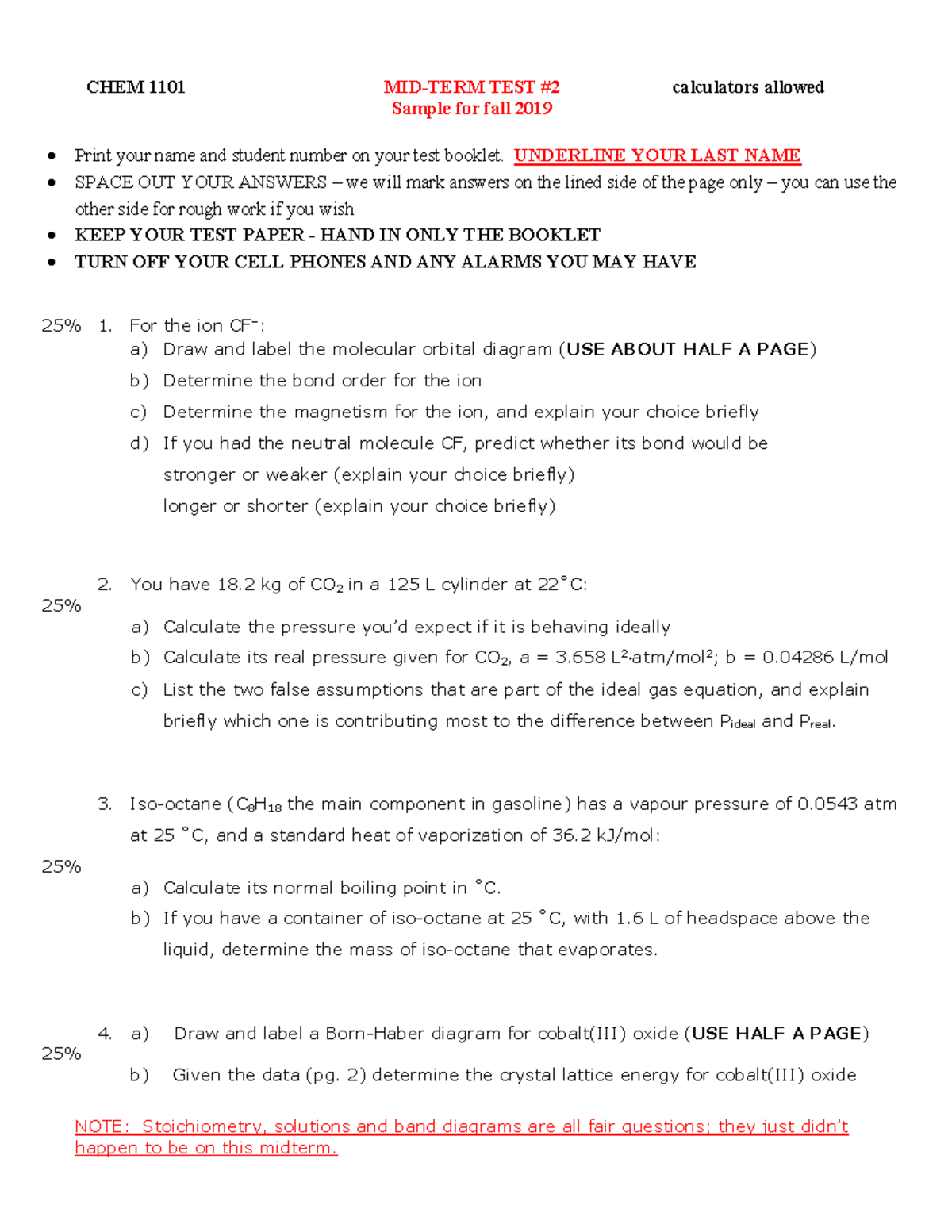 Sample Midterm 2 Fall 2019 (Provided) CHEM 1101 MIDTERM TEST 2