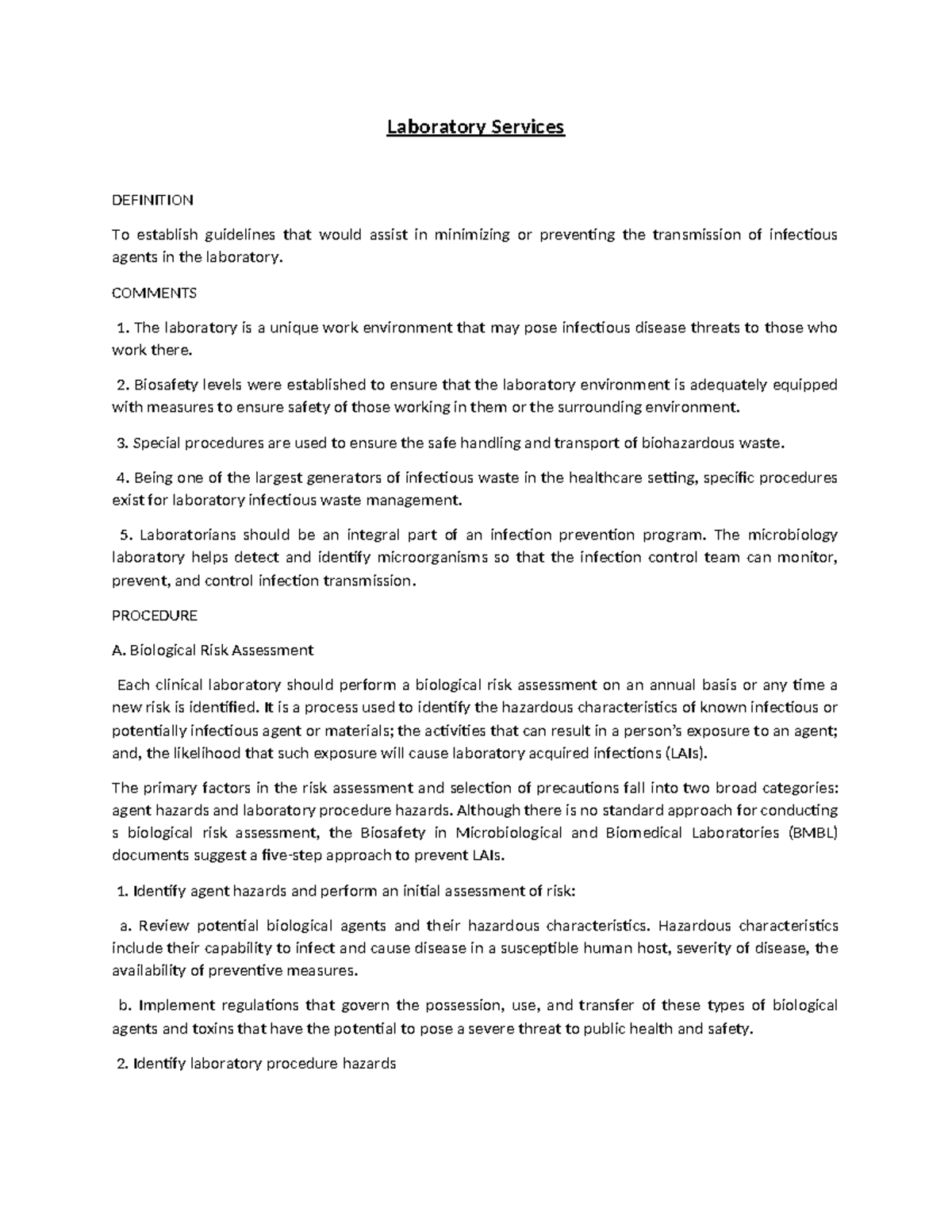 Laboratory services IPC Laboratory Services DEFINITION To establish