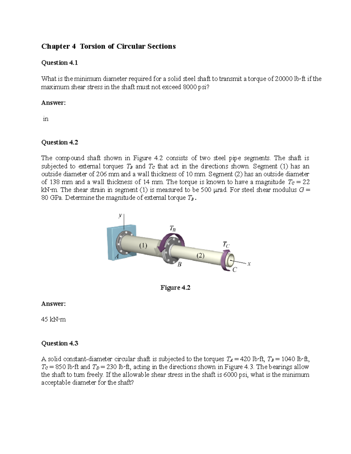 Chapter 4 Exercises - Chapter 4 Torsion Of Circular Sections Question 4 ...