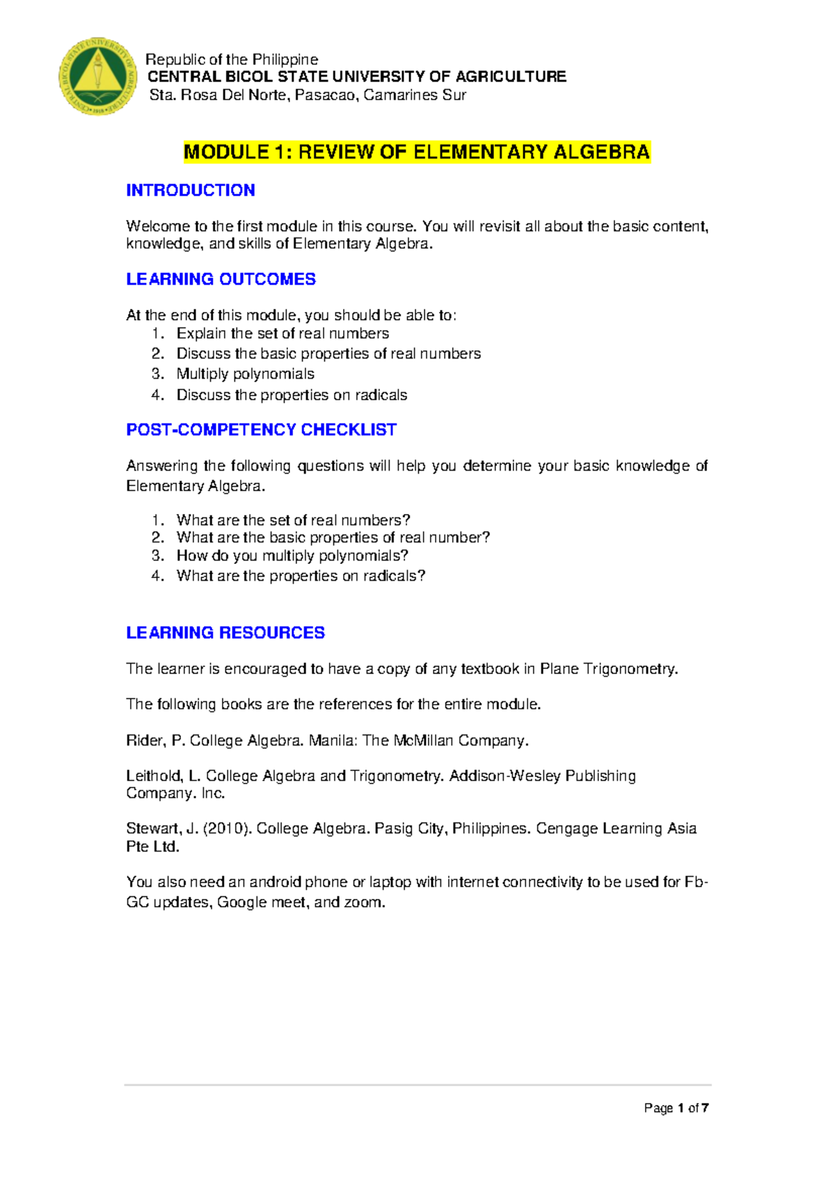 Aga Week1to3 Math101 Collegeand Advanced Algebra Module 1 - CENTRAL ...