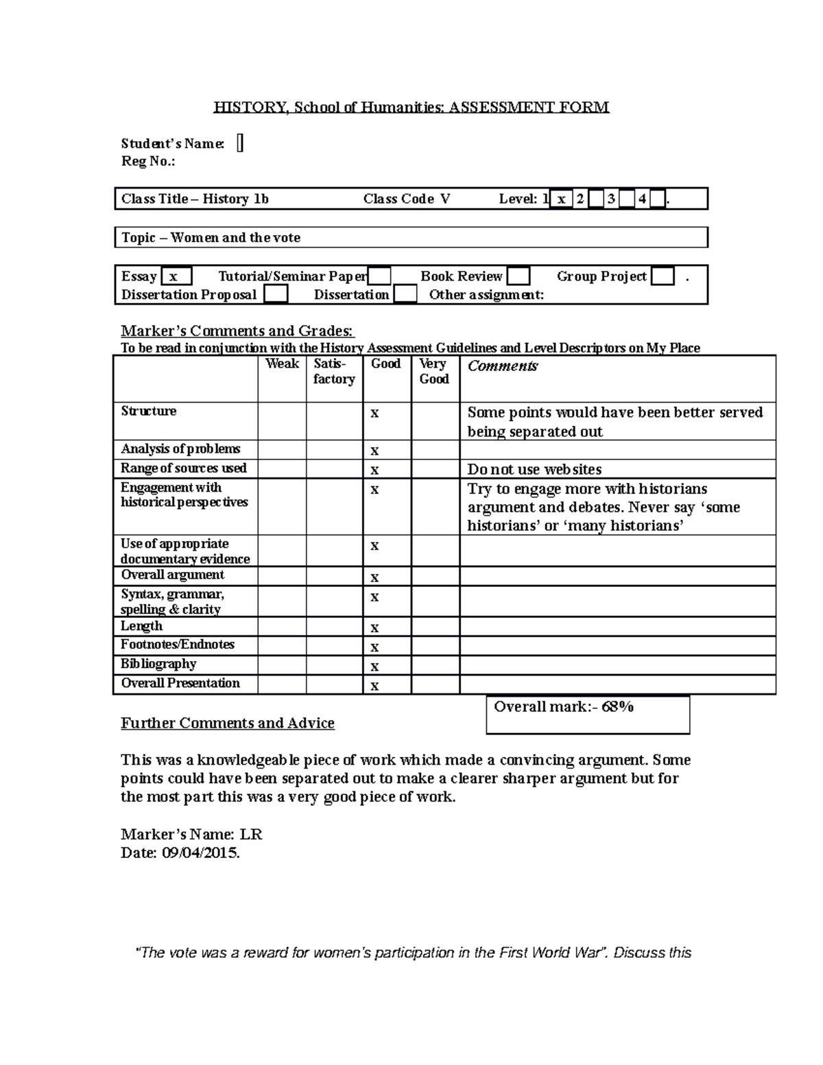history 1b essay - Grade: 67 - HISTORY, School of Humanities ...