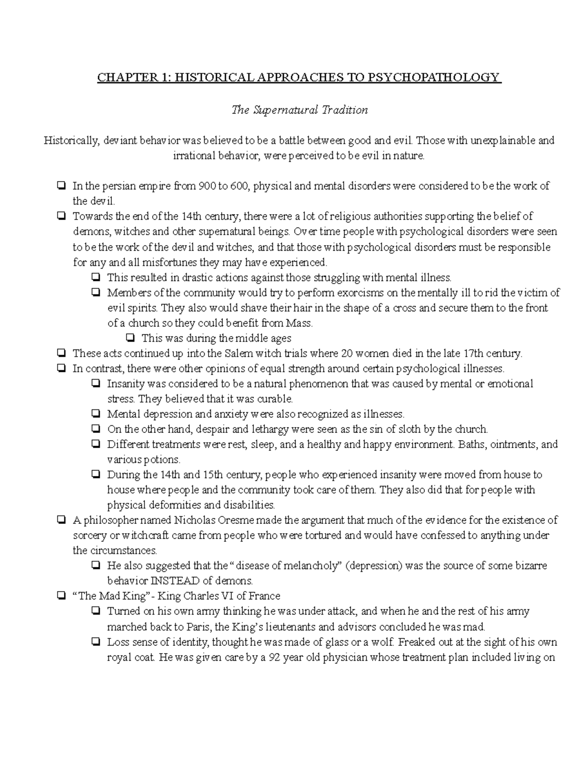 Abnormal Psych Chapter 1 Notes - CHAPTER 1: HISTORICAL APPROACHES TO ...