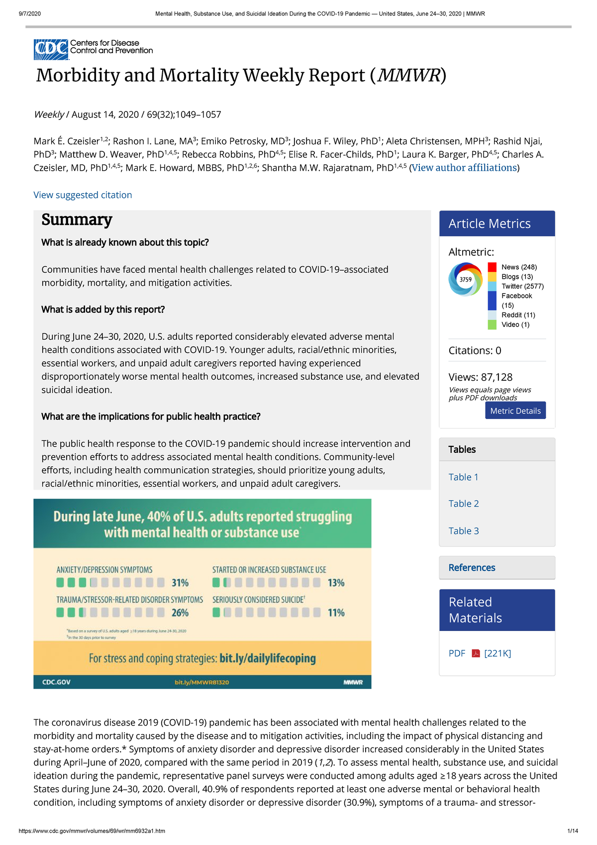 CDC Mental Health, Substance Use, and Suicidal Ideation During the