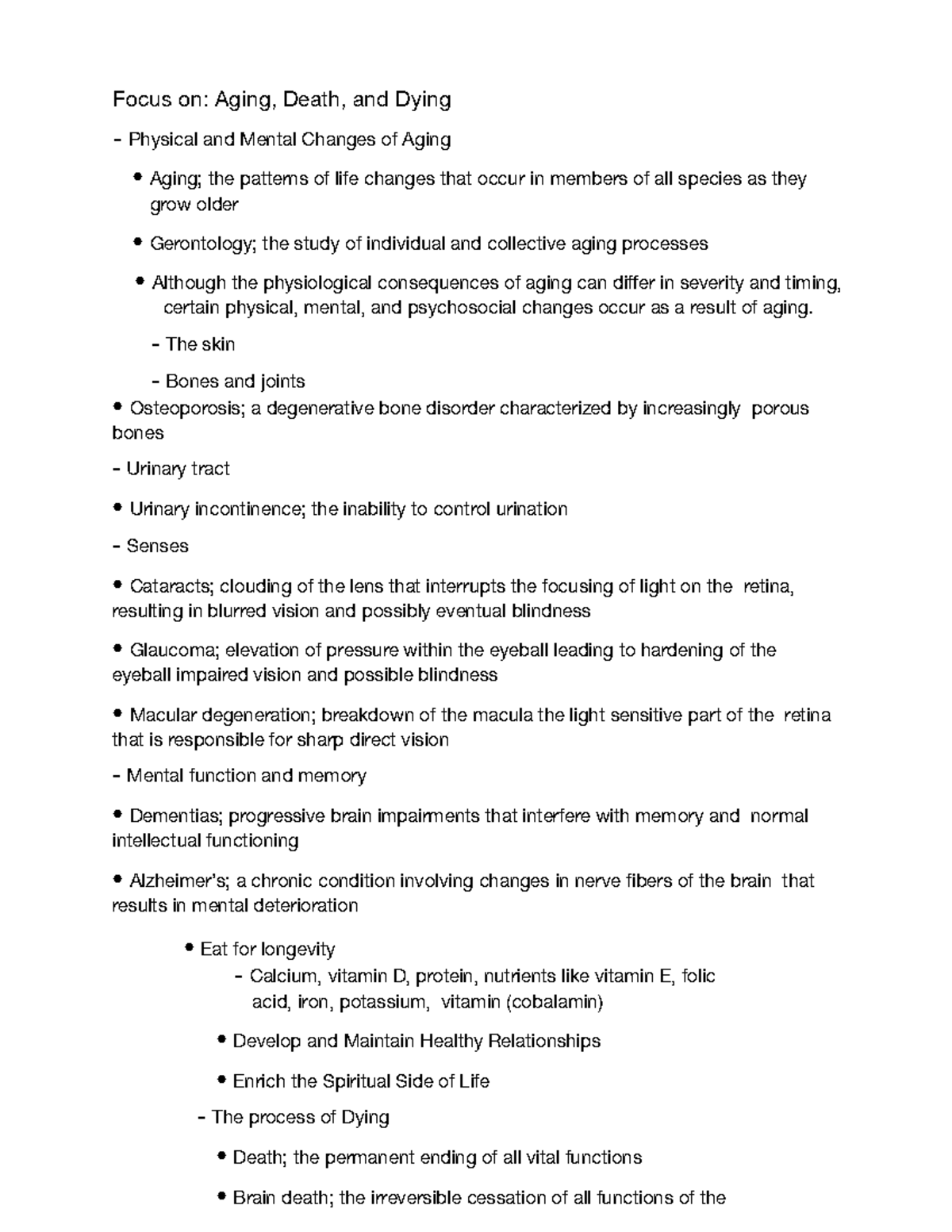 Health Science exam 3 final study guide Focus on Aging, Death, and