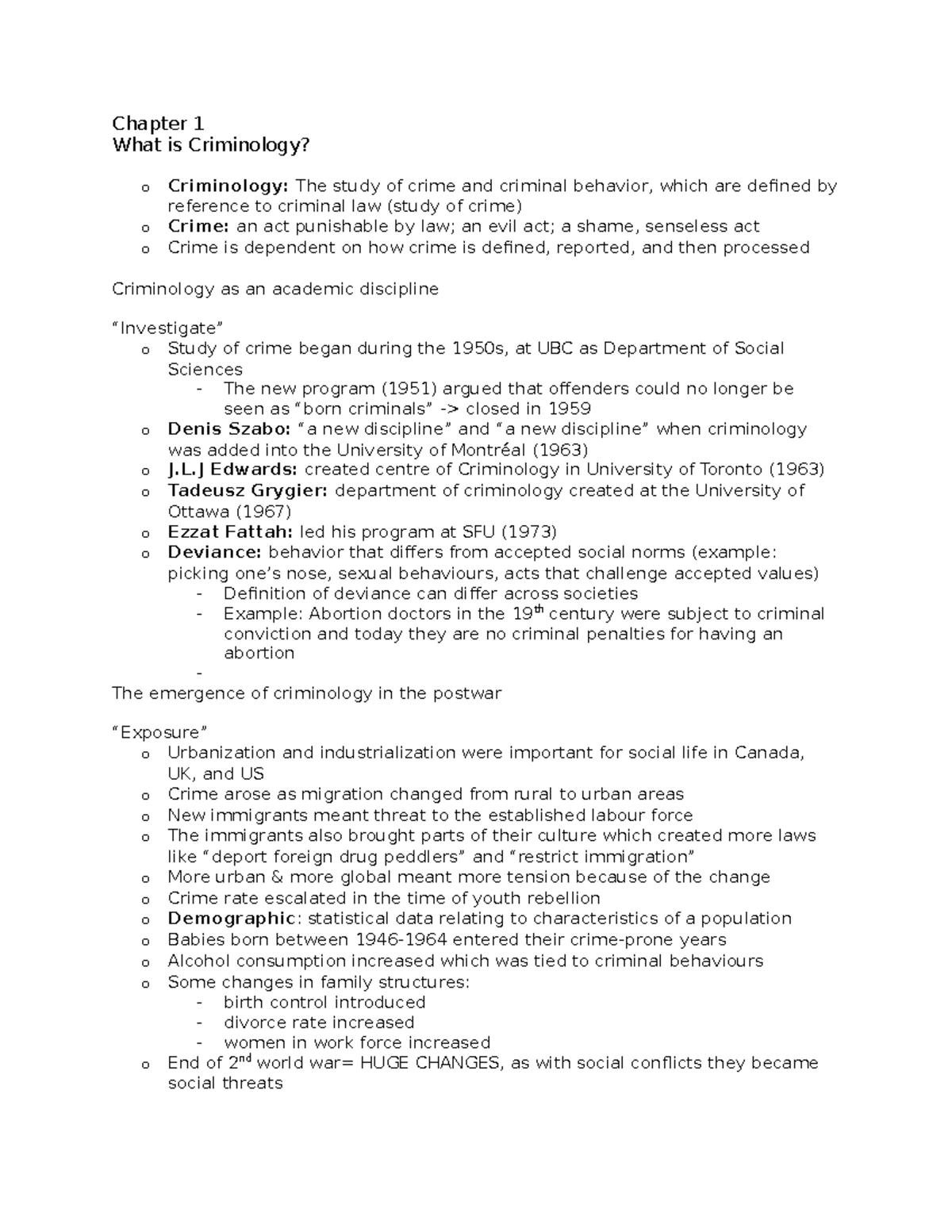 CRIM Chapter 1 Notes - Chapter 1 What Is Criminology? O Criminology ...