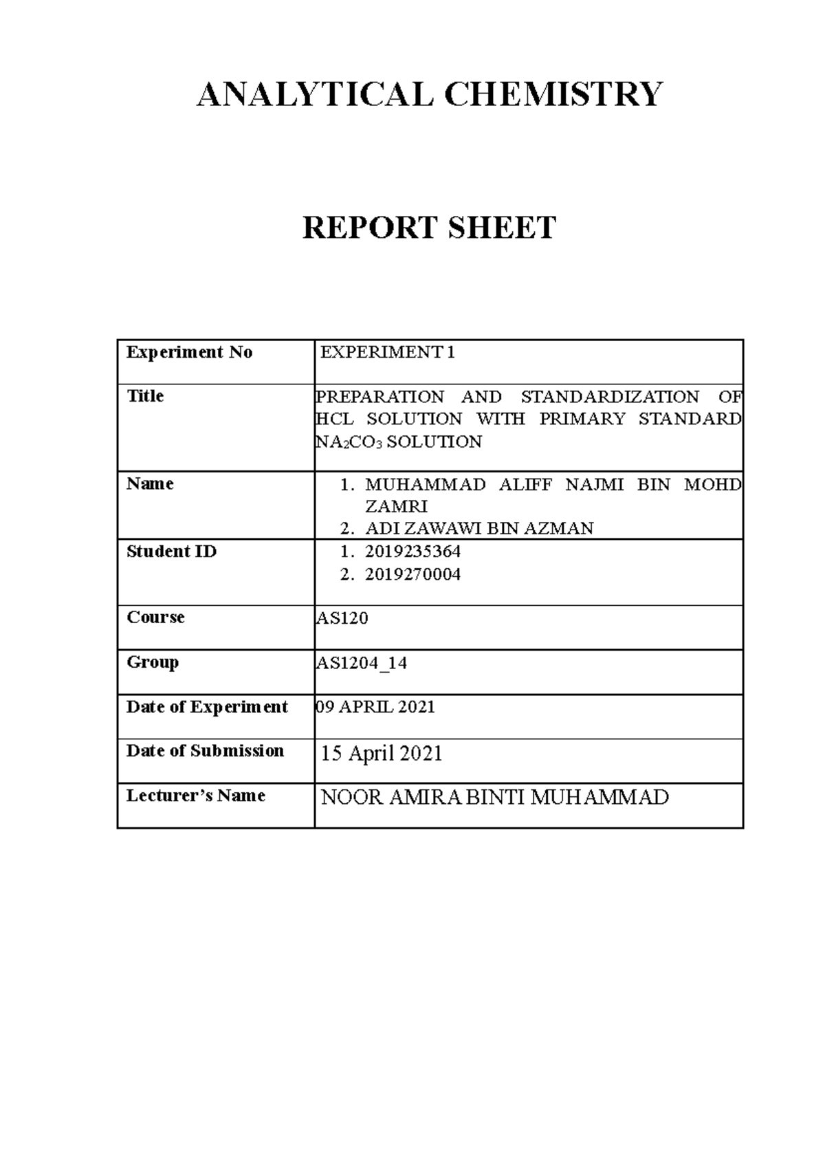 Analytical Chemistry tutorial 1 ANALYTICAL CHEMISTRY REPORT SHEET Experiment No EXPERIMENT 1