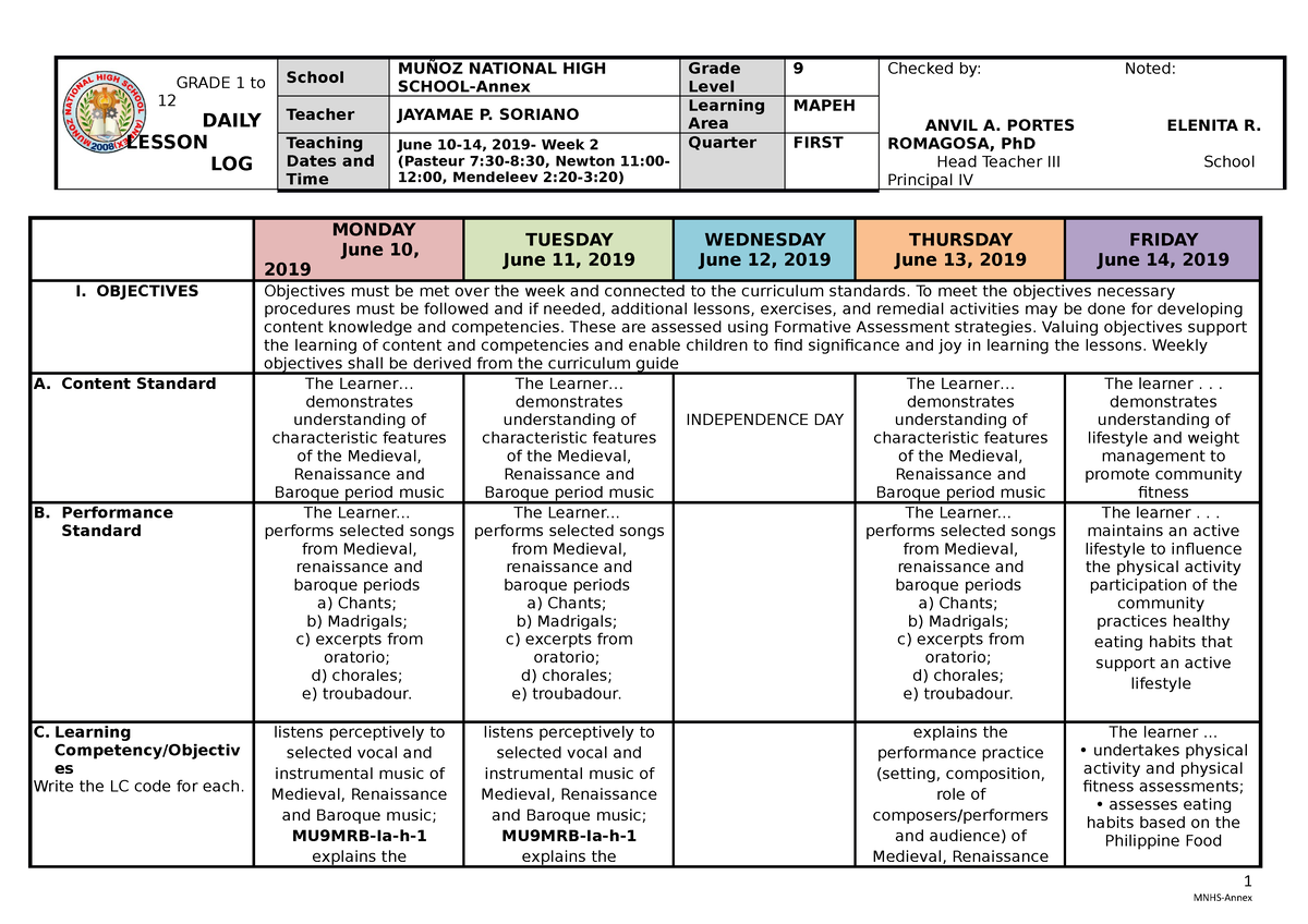 DLL G9 Q1 W1 Music - DLL For MAPEH 9 - GRADE 1 To 12 DAILY LESSON LOG School MUÑOZ NATIONAL HIGH ...