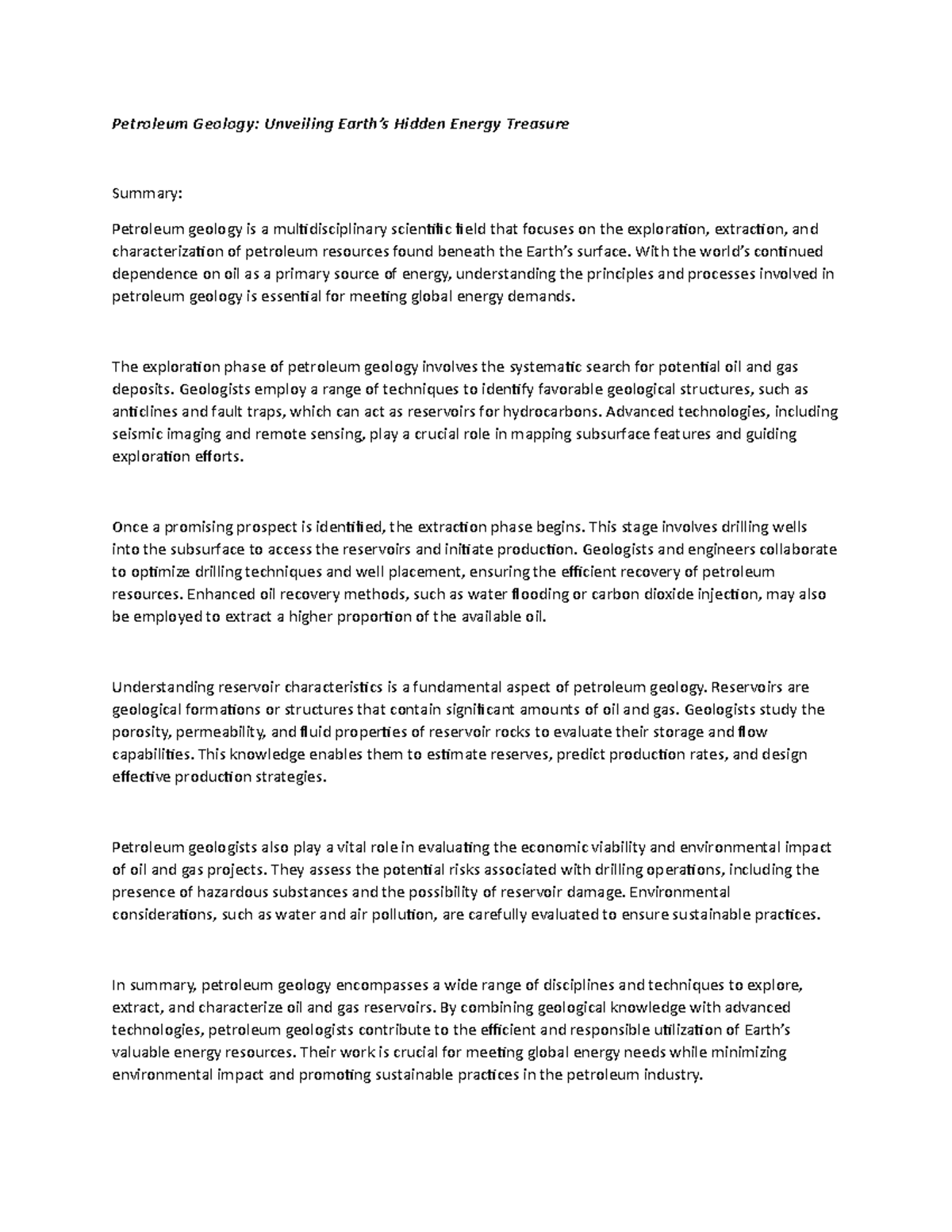 Petroleum Geology — Unveiling Earth’s Hidden Energy Treasure (Summary 