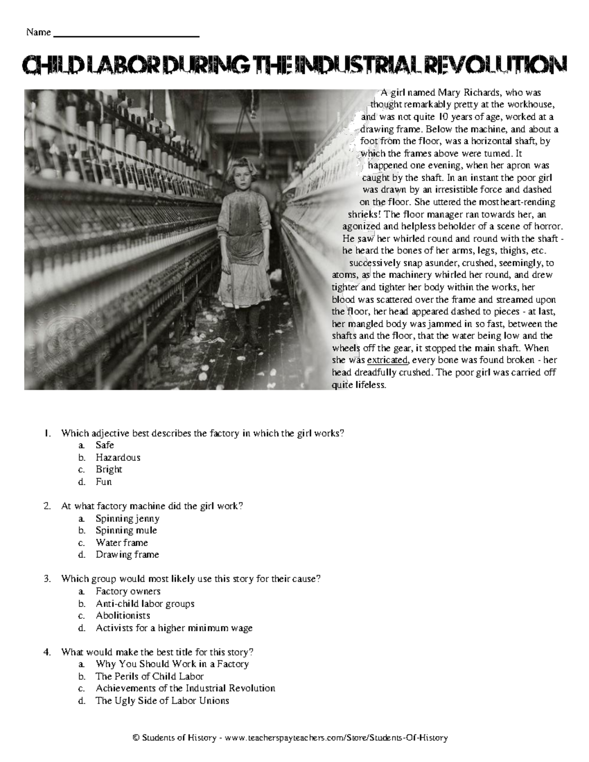 Kameron whitehead - child labor reading - © Students of History - - Studocu