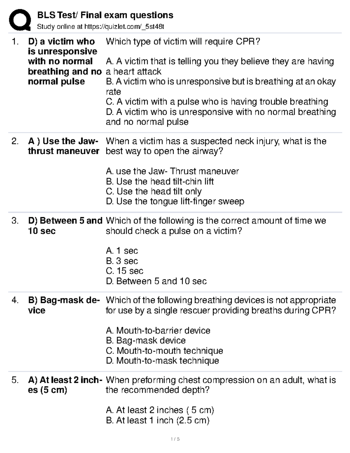 BLS-SFA - notes - BLS Test/ Final exam questions Study online at ...