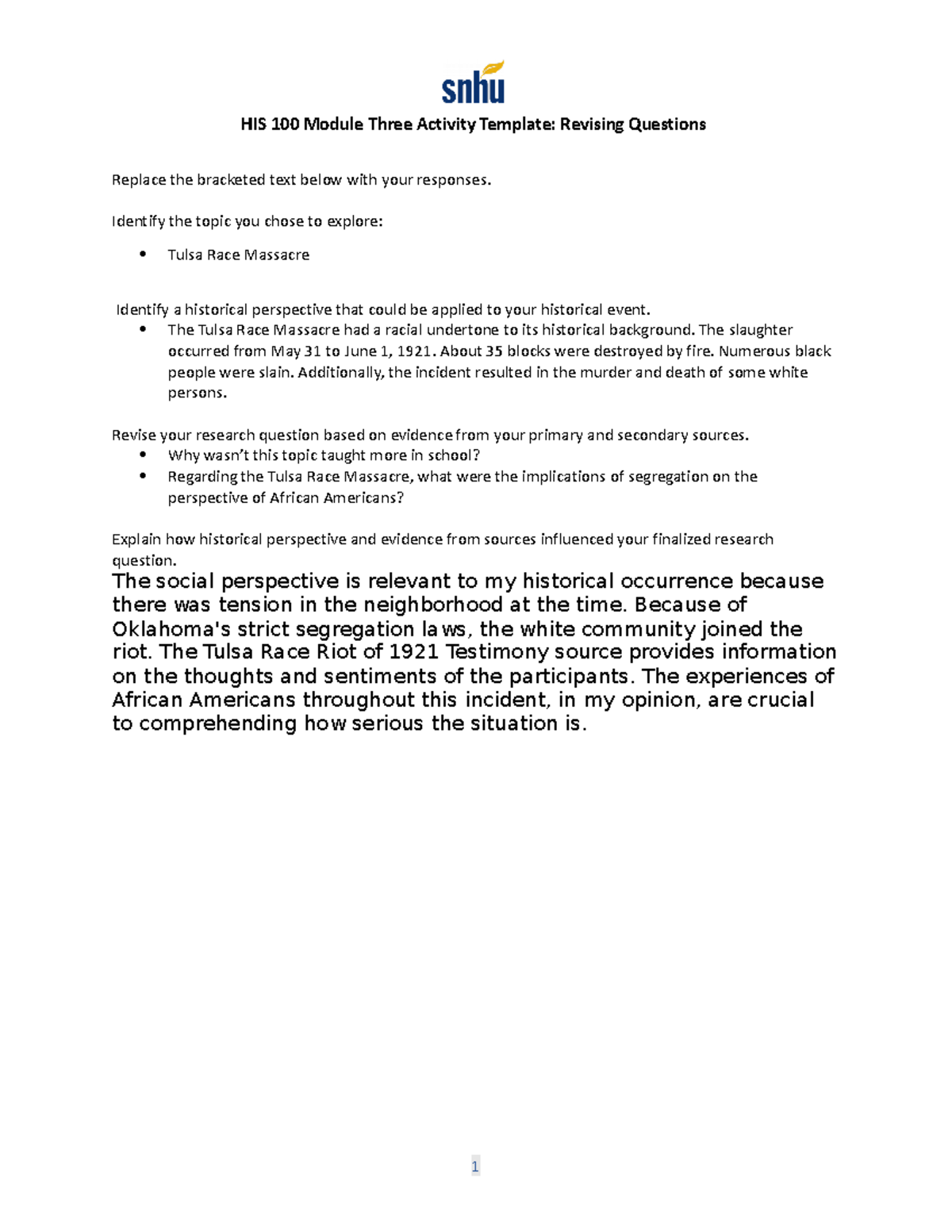 HIS 100 Module Three Activity Revising Questions Template 3 - HIS 100 ...