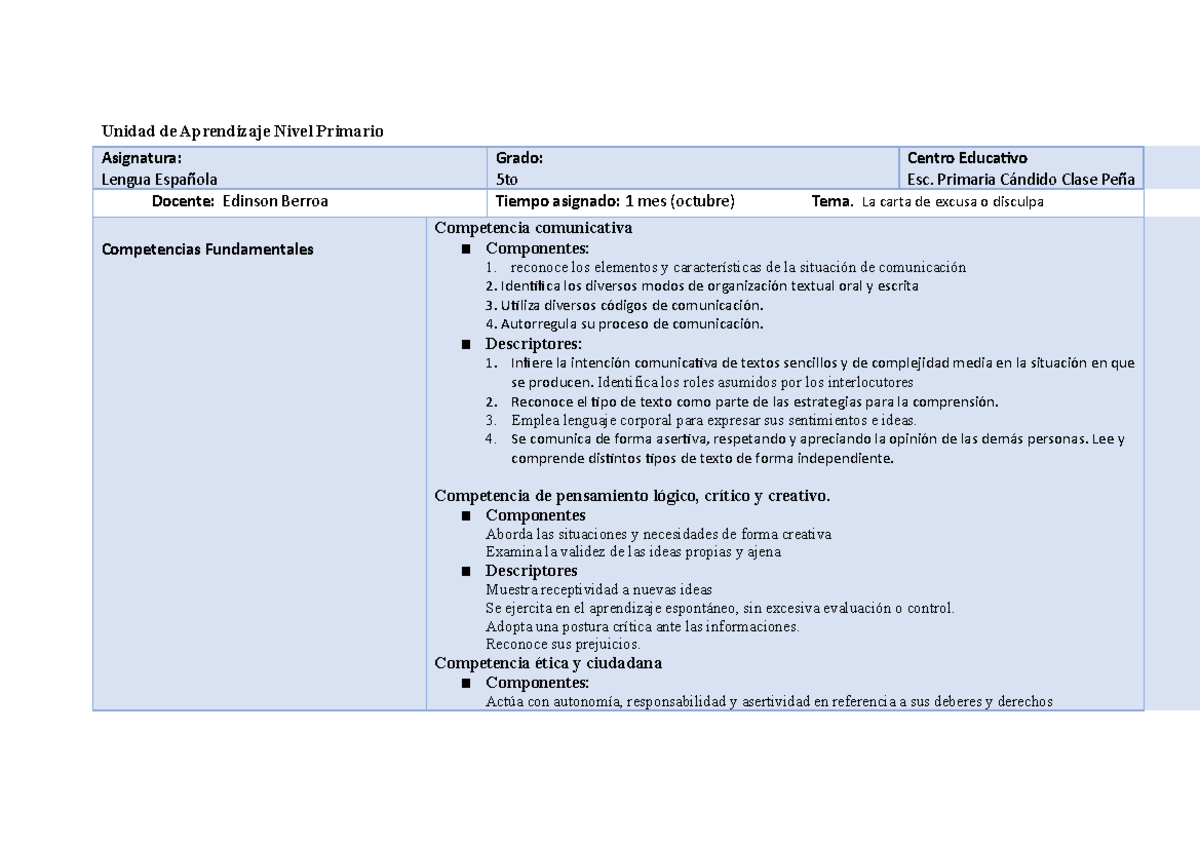 Plan 5to primaria Octubre Lengua Española copia Unidad de