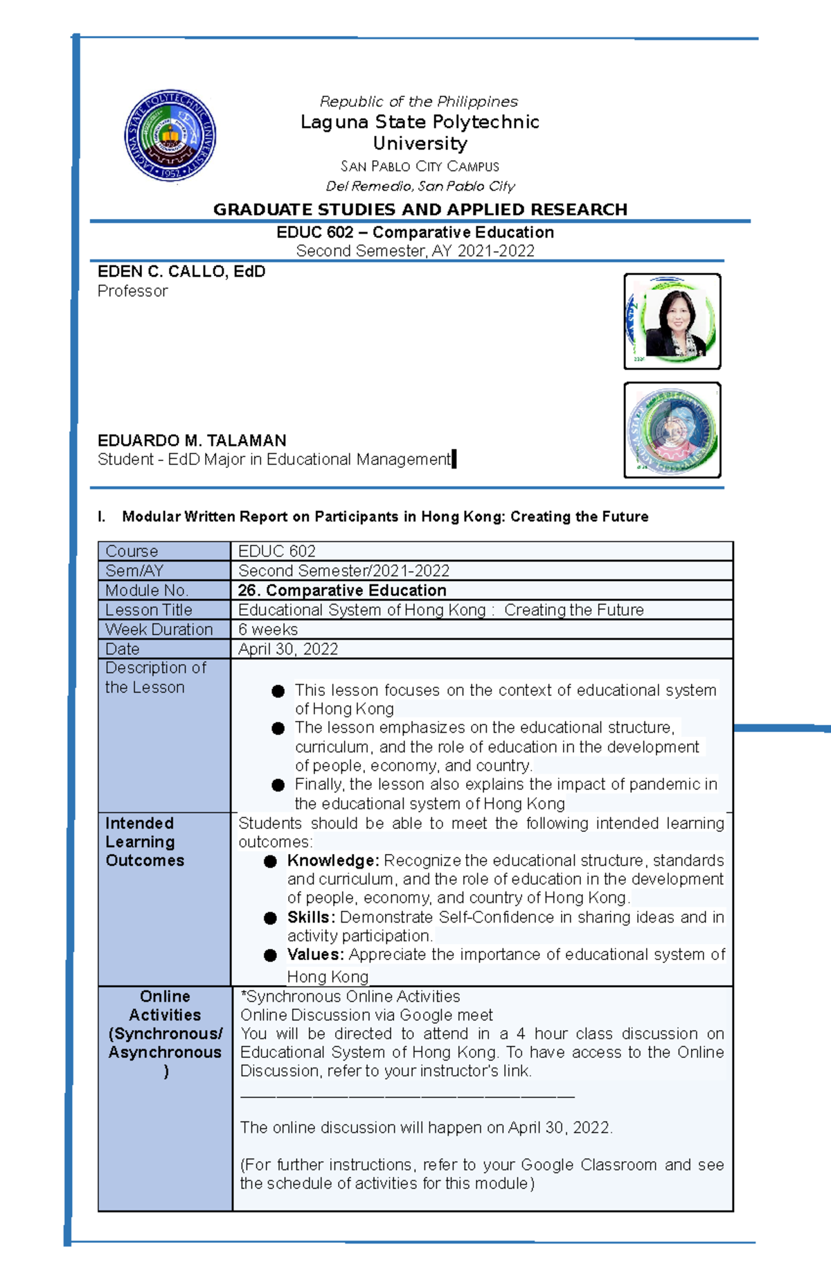 11. Talaman Eduardo M Written Report HONG KONG - Republic of the ...