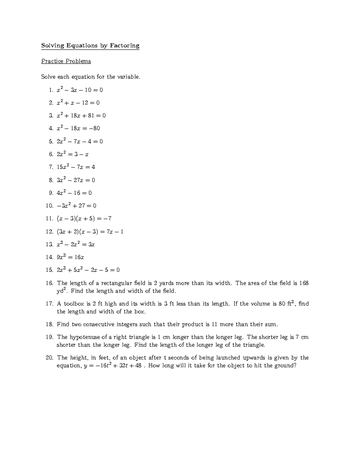 Solve Eq Factoring Practice - Solving Equations by Factoring Practice ...