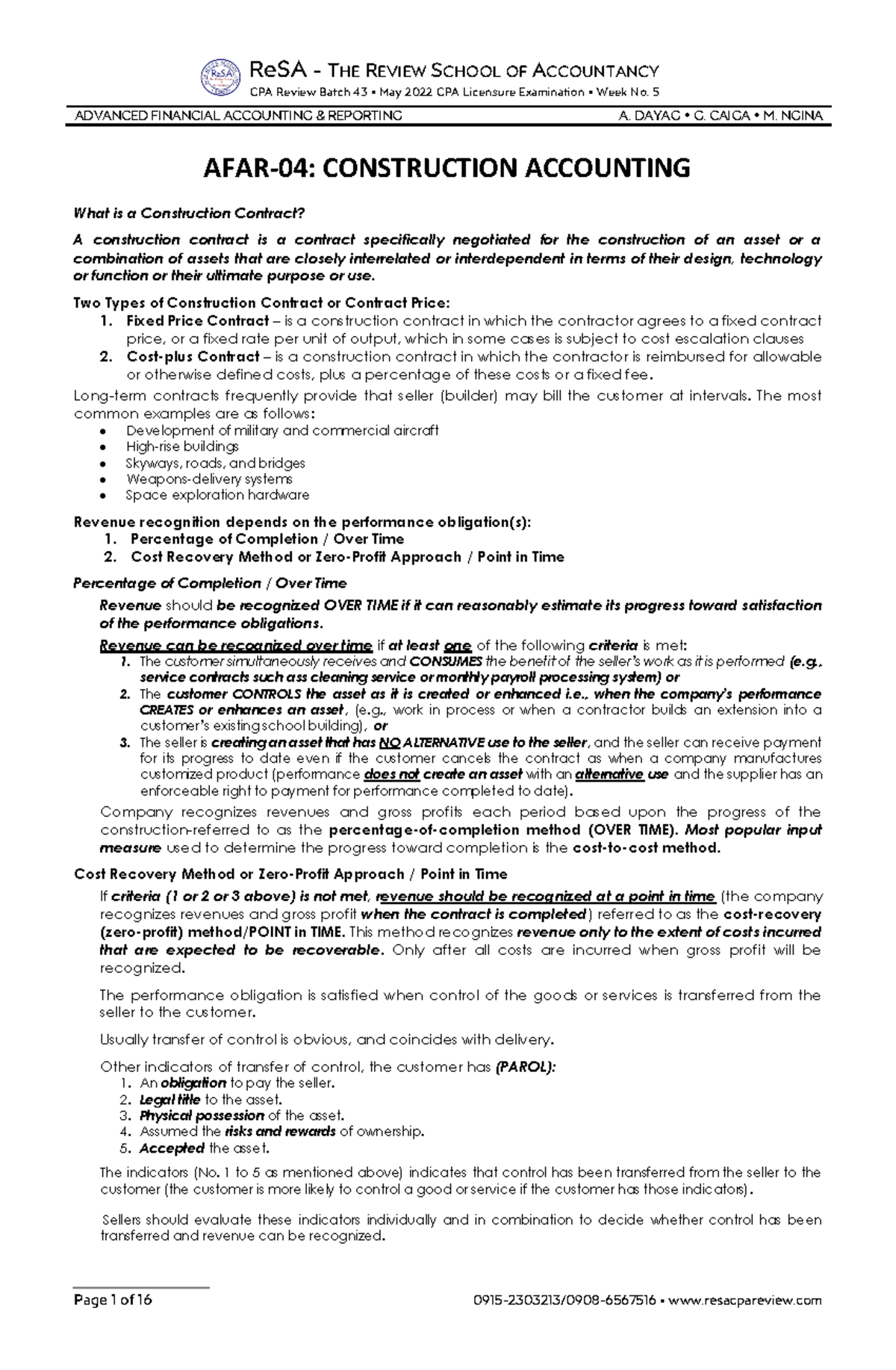 AFAR-04 (Construction Accounting)-1 - ReSA - THE REVIEW SCHOOL OF ...