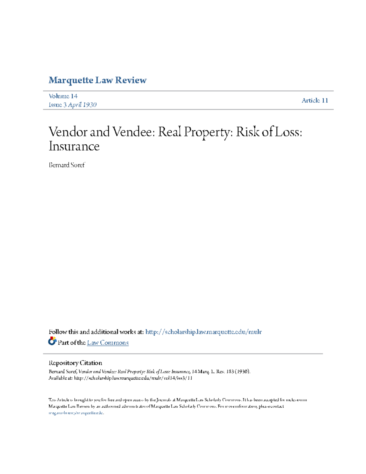 Vendor and Vendee Real Property Risk of Loss Insurance Marquette Law