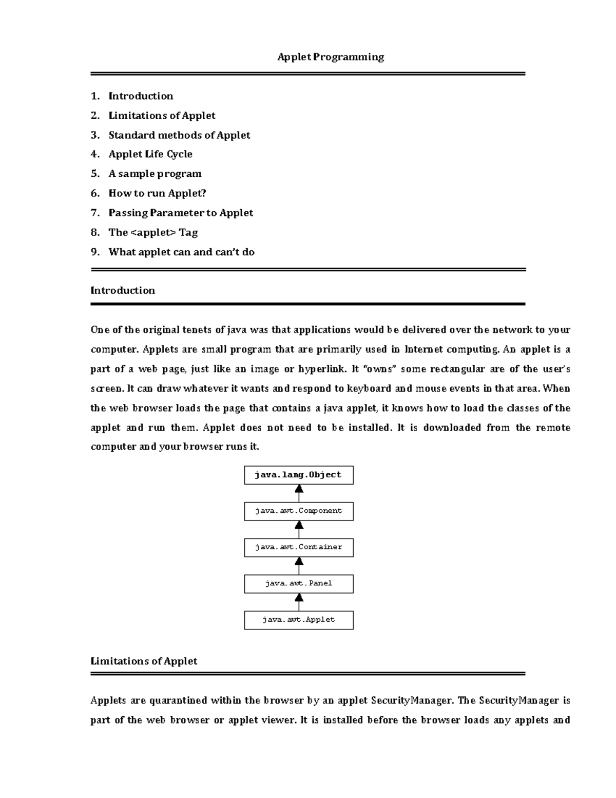 Applet Programming - Applet Programming 1. Introduction 2. Limitations ...