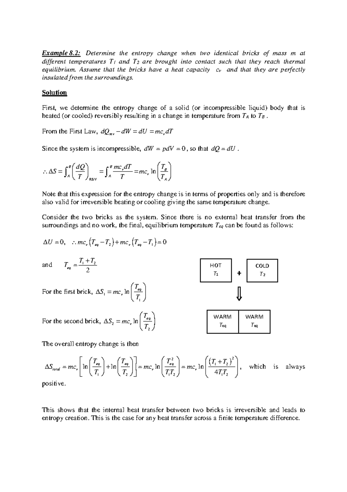 Example 8 - notes - Example 8: Determine the entropy change when two ...