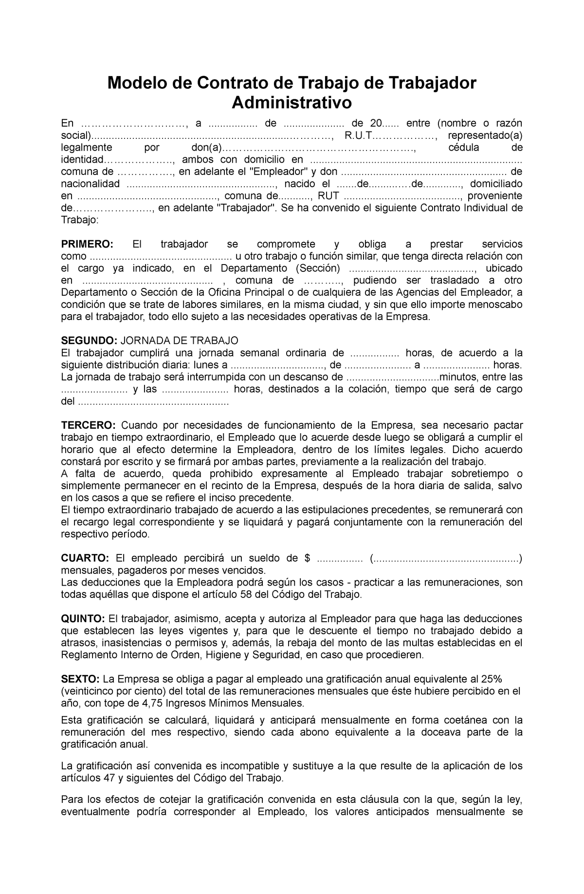 Contrato ayudante administrativo - Modelo de Contrato de Trabajo de Trabajador  Administrativo En - Studocu