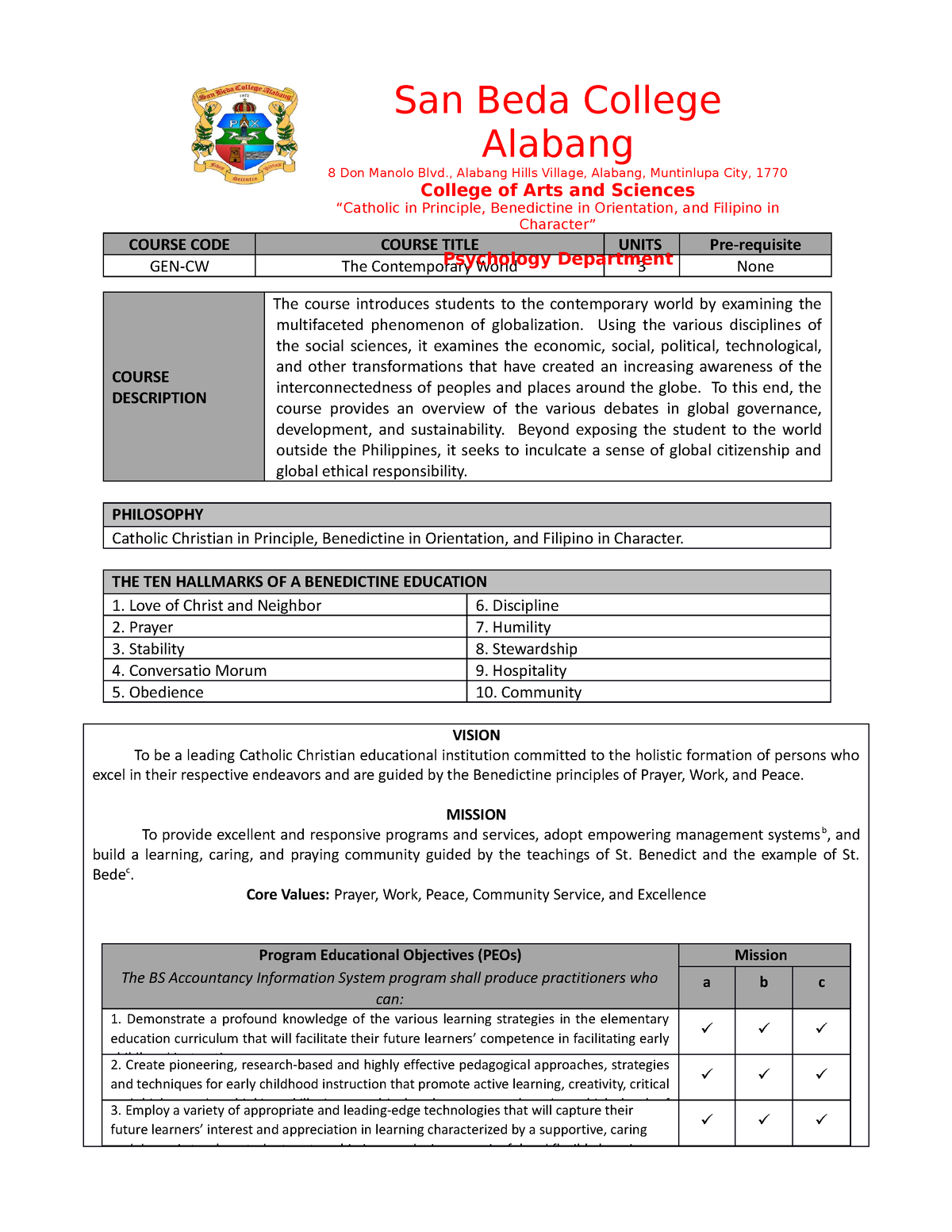 SBCA - GE- Contemp. World Course Syllabus - COURSE CODE COURSE TITLE ...