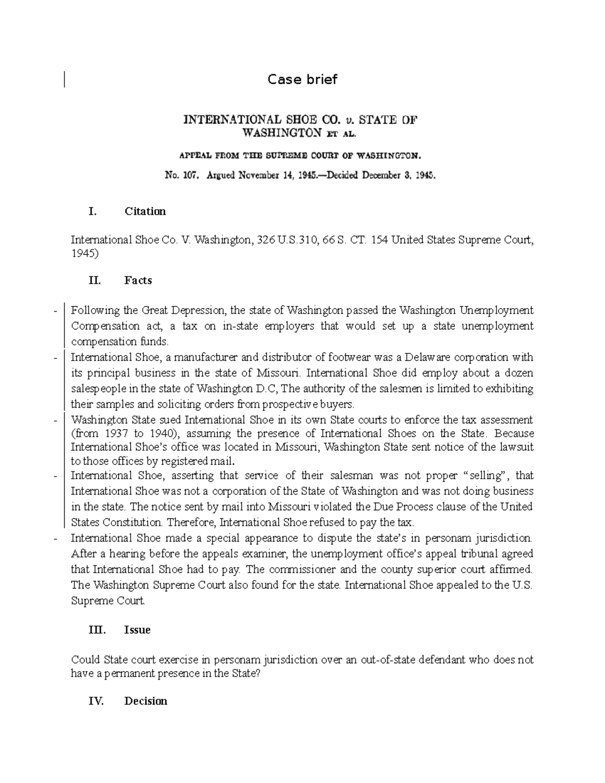 Casebrief shoe v washington Case brief I. Citation International