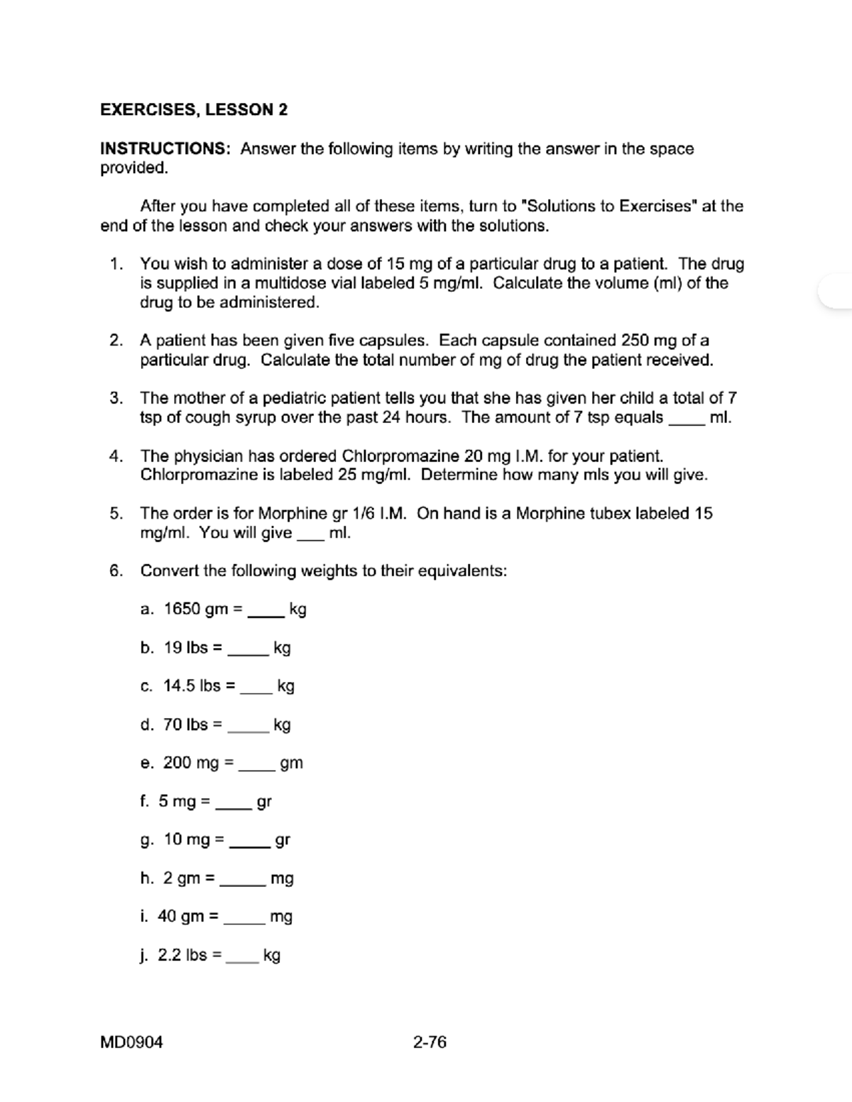 Dosage Test Bank - Notes - EXERCISES, LESSON 2 INSTRUCTIONS: Answer the ...