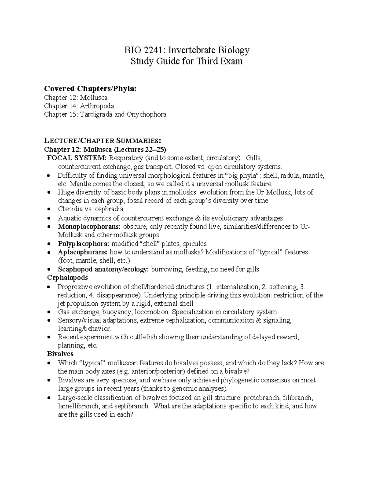 Exam3 Study Guide - BIO 2241: Invertebrate Biology Study Guide for ...