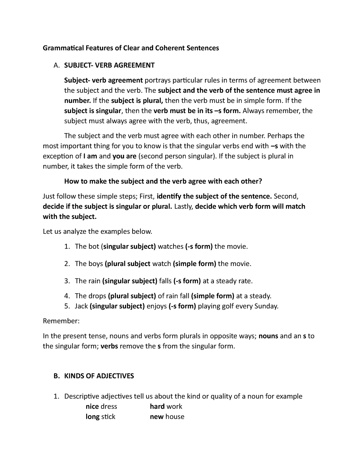 English 5- Subject VERB Agreement, Adjectives, Conjunctions AND Adverbs ...