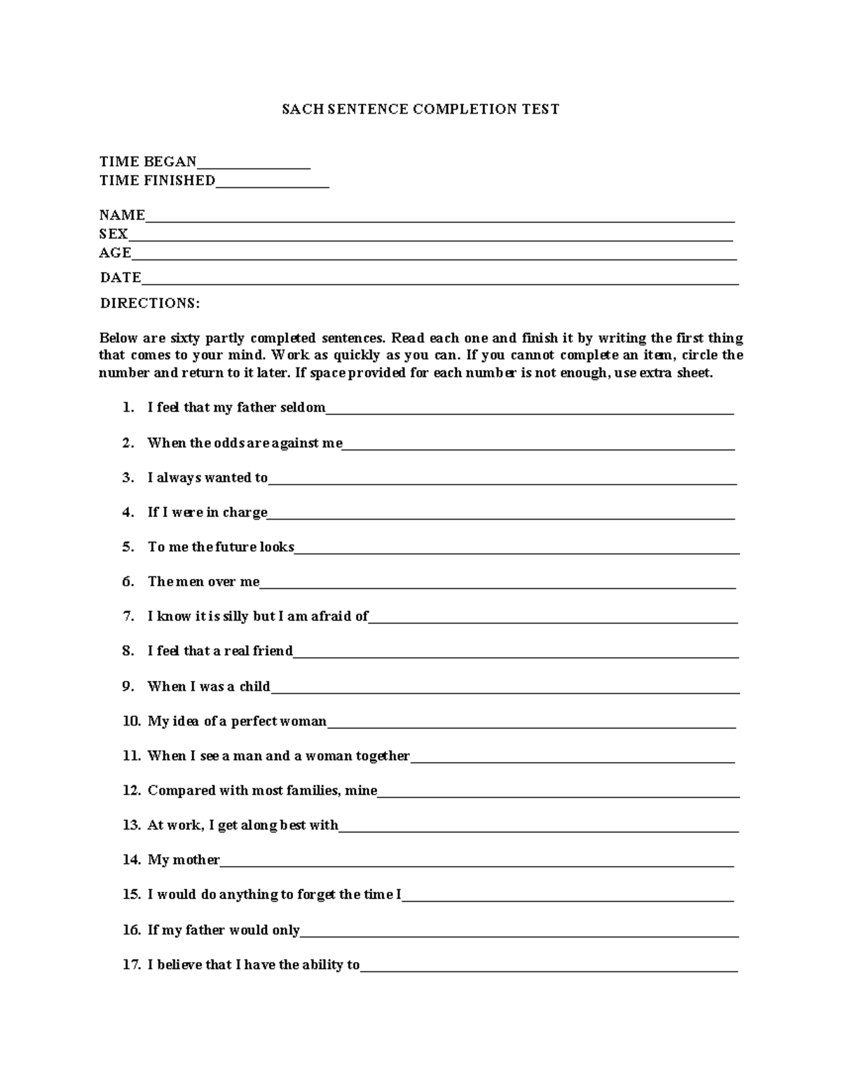 Sach Sentence Completion Test - SACH SENTENCE COMPLETION TEST TIME ...