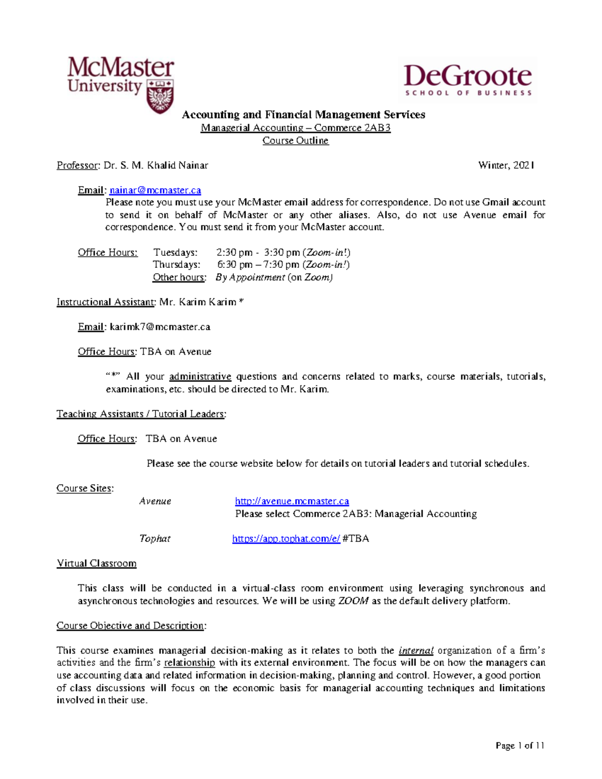 2AB3 Winter 2021 Course outline - Final - Accounting and Financial ...