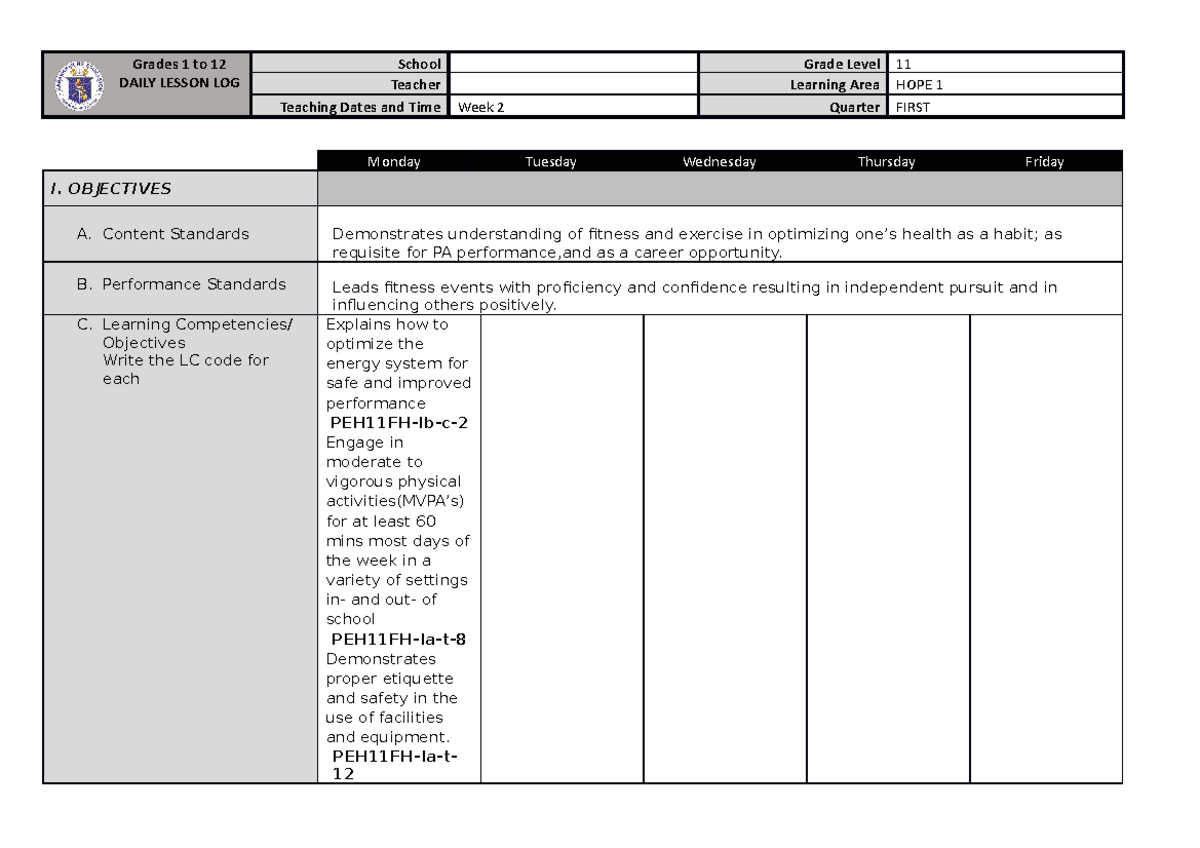 Week 2 - Copy - N/A - Grades 1 to 12 DAILY LESSON LOG School Grade ...