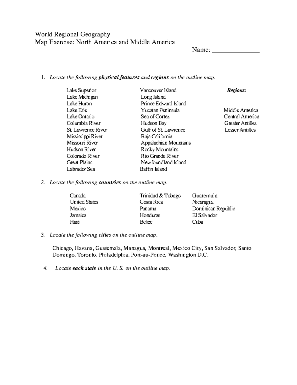 North and Middle America Quiz World Regional Geography Map Exercise