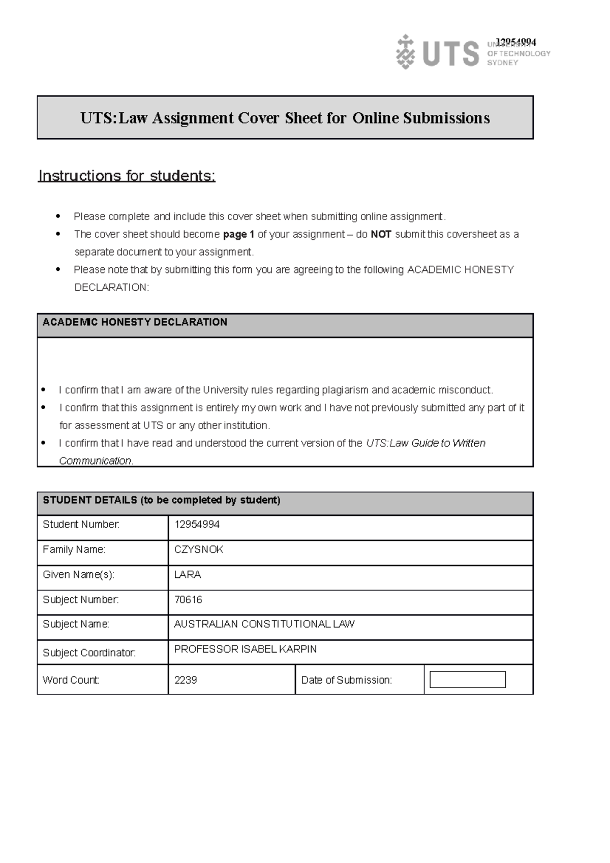 uts law assignment cover sheet